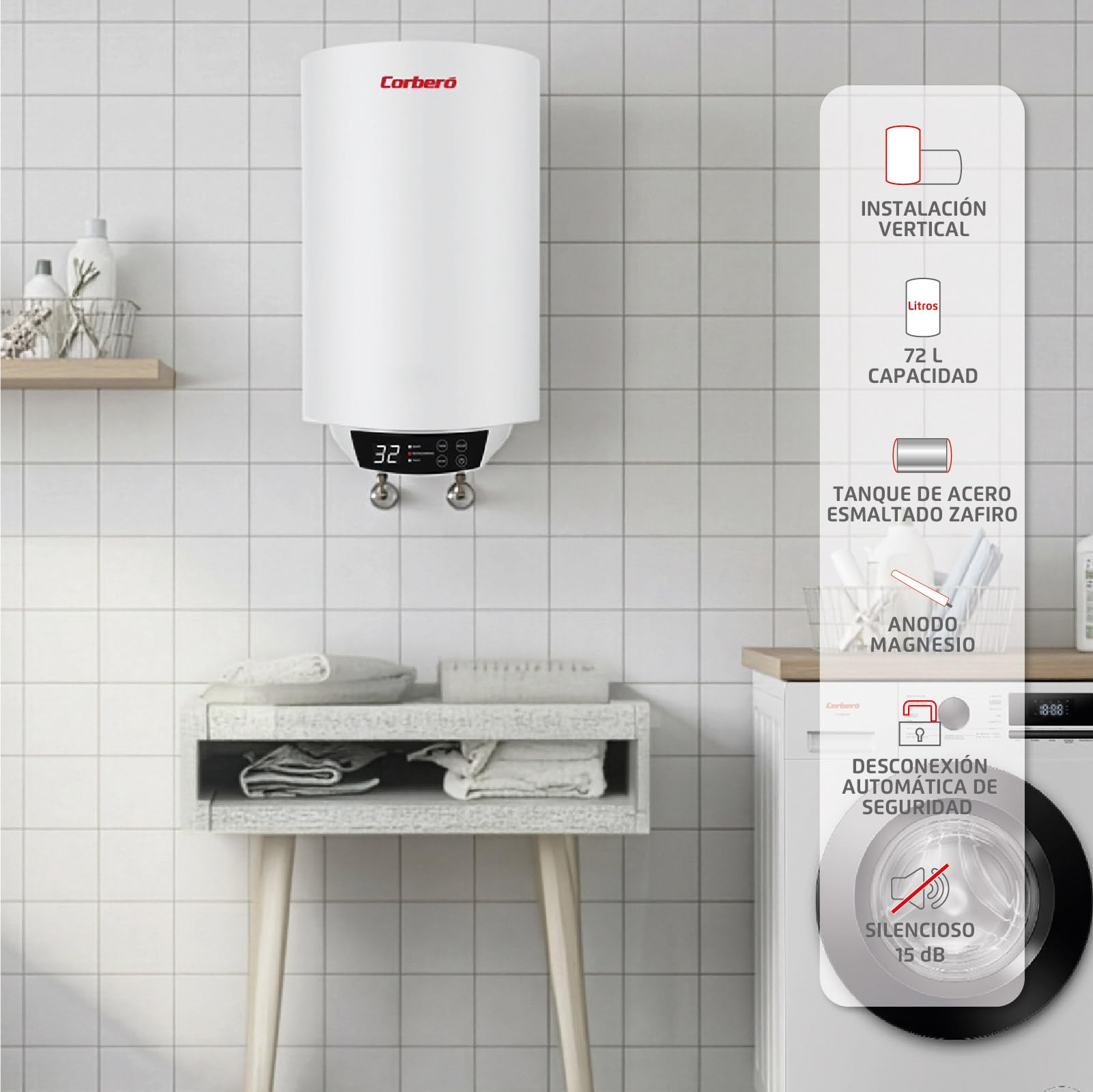 Corberó – Termo Eléctrico Digital | CTWBD80 | 72L | 30-75º | Función Smart | Termostato Exterior Regulable | Protección Anticorrosión | Resistencia de Acero | Termómetro exterior| Panel Digital