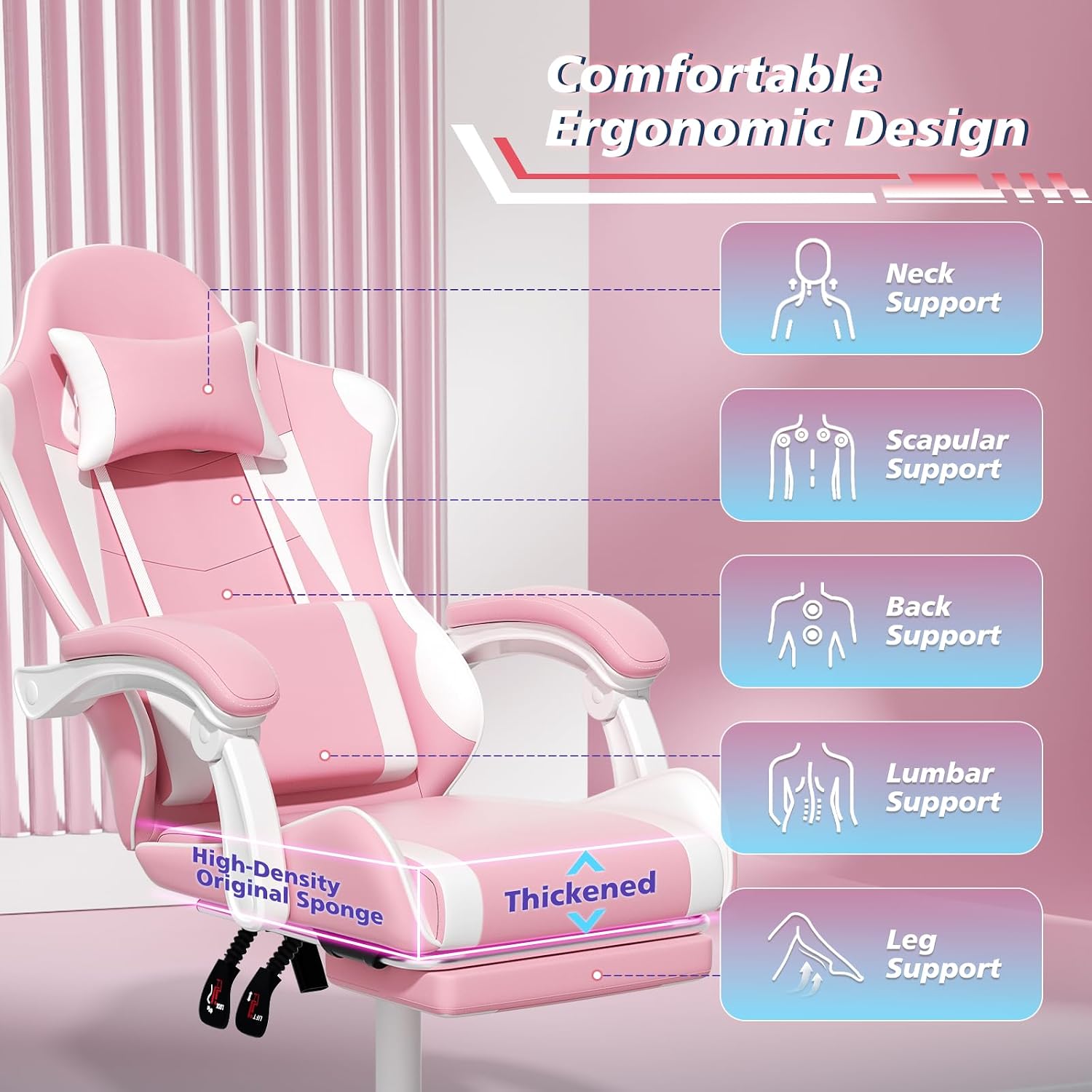 Magshion Gaming Chair, Ergonomic Computer Chair with Footrest & Lumbar Support, Height Adjustable Video Game Chair for Adults, Home Office, 350 Lbs Capacity, Pink/White