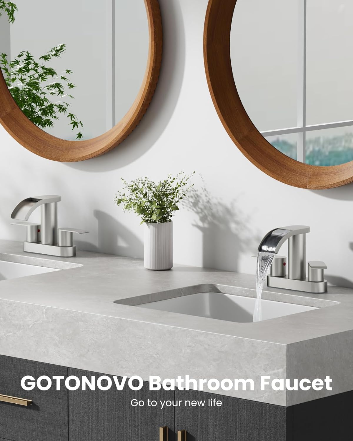 gotonovo 4 Inch Centerset Waterfall Bathroom Sink Faucet Deck Mount 2 Handle Basin Faucets 2 or 3 Hole with Pop Up Drain Included Lavatory Modern Mixer Tap Vanity Faucet Brushed Nickel