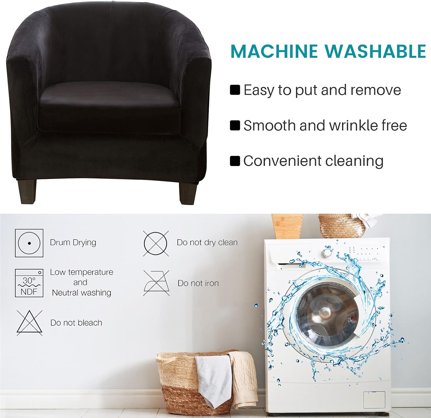 Velvet Stretch 2-Piece Club Chair Slipcover with Cushion Cover,Removable Tub Chair Cover w Elastic Bottom,Armchair Sofa Cover Furniture Protector Living Room Arm Chair Couch Cover(Black,1pc) : Home & Kitchen