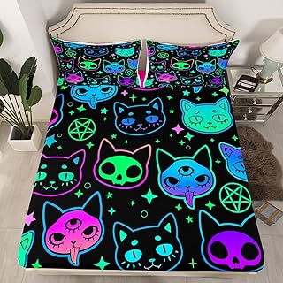 Erosebridal Halloween Theme Twin Fitted Sheet Cute Neon Cat Bed Sheets for Girls Boys Gradient Cat Skeleton Bed Cover Psychedelic Galaxy Stars Bedding Set Kawaii Kitten Home Decor,Black