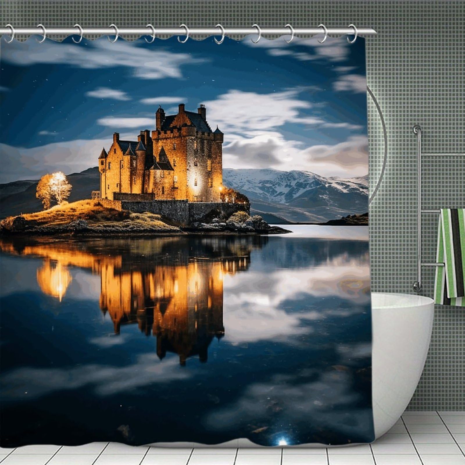 VstaDank A Castle by The Lake Shower Curtain 71x71 Heavy Duty Polyester Cloth Bath Curtain with Hooks Thick Waterproof Shower Liner Fun Magic Decorative Bathroom Curtains for Bathtub
