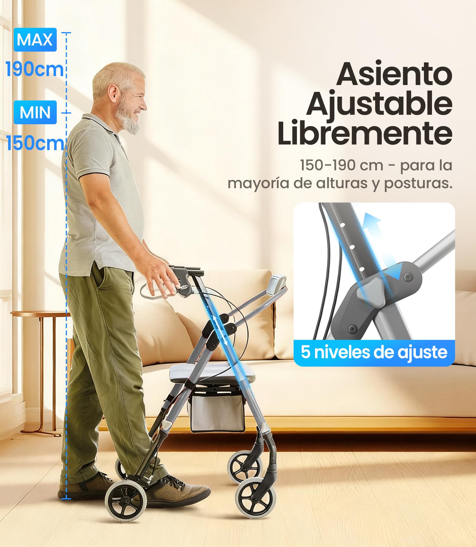 VOCIC Andador plegable ligero con asiento, 6,3kg Ultraligero, Max 150 kg | andador para ancianos con ruedas, asiento ergonómico, altura regulable, Walker estrecho para apartamento & viajes, plateado