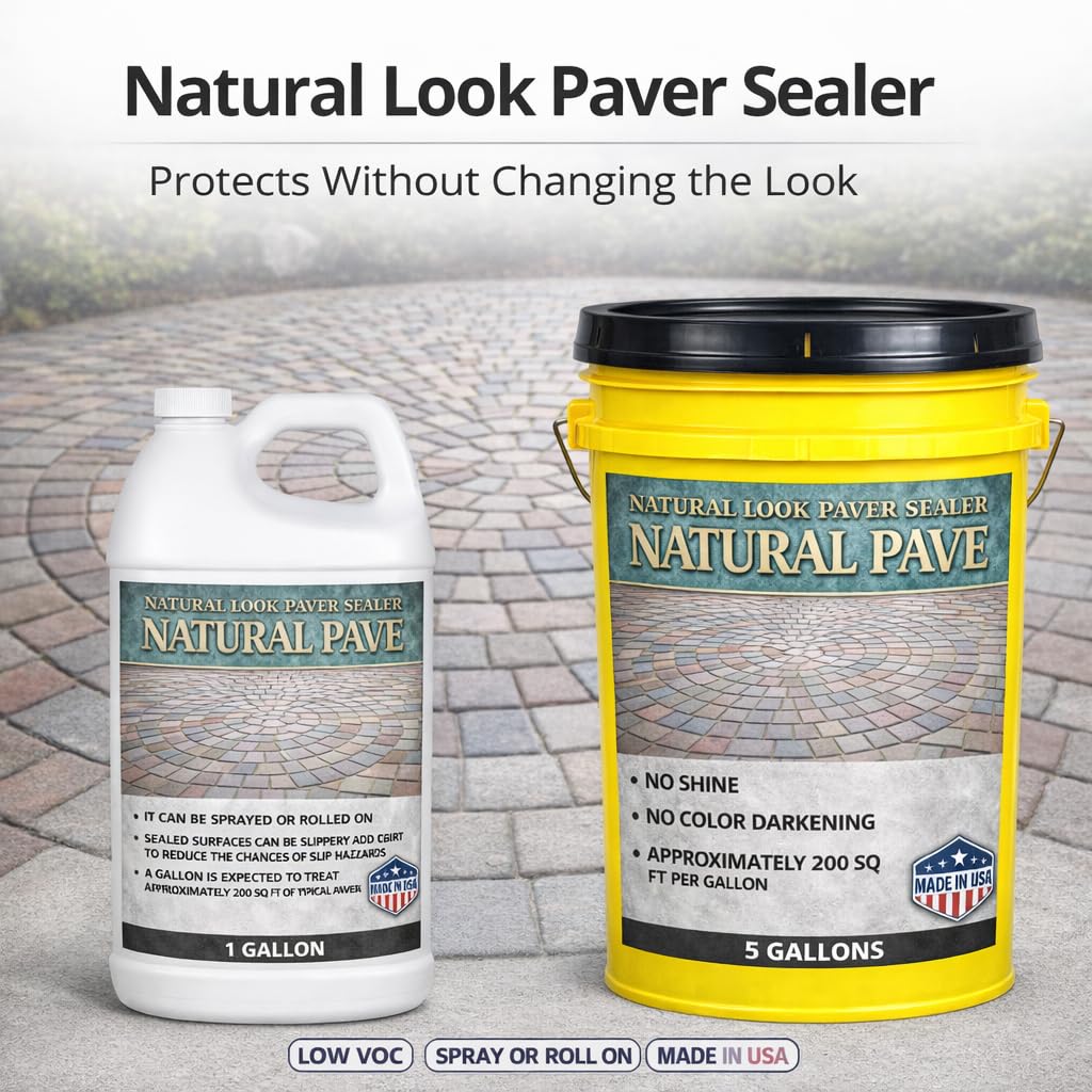 Natural Pave Concrete & Paver Sealer – Clear, Water-Based Masonry Protection – Waterproof, UV Resistant, Locks Joint Sand & Enhances Color – Durable Paver & Patio Surface Protection - 5 Gallon