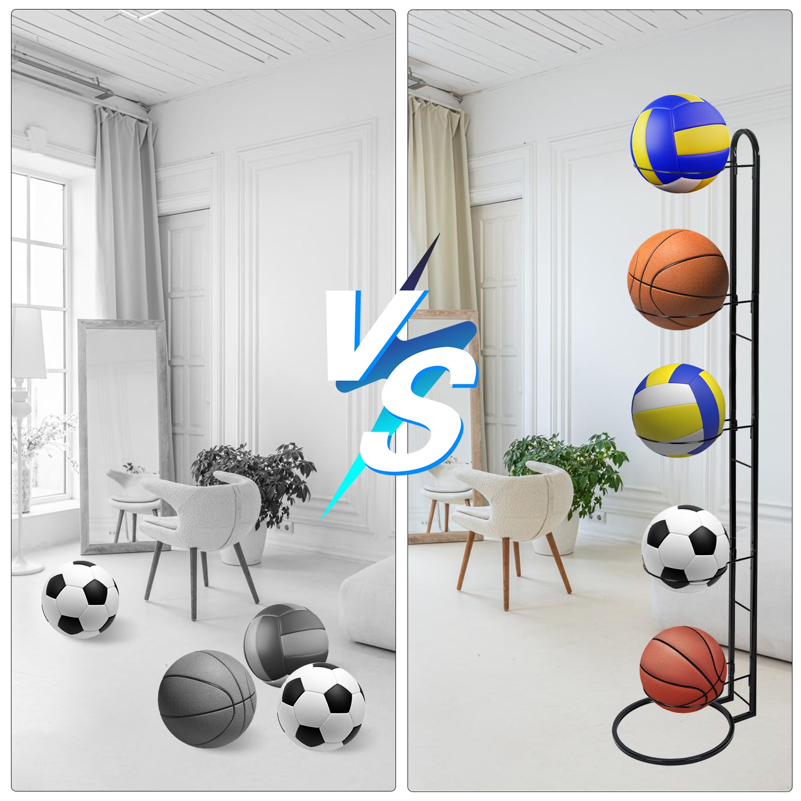 Estantería de Almacenamiento para 5 Bolas Extraíble Soporte Estable Baloncesto Balón Pie Voleibol Rugby