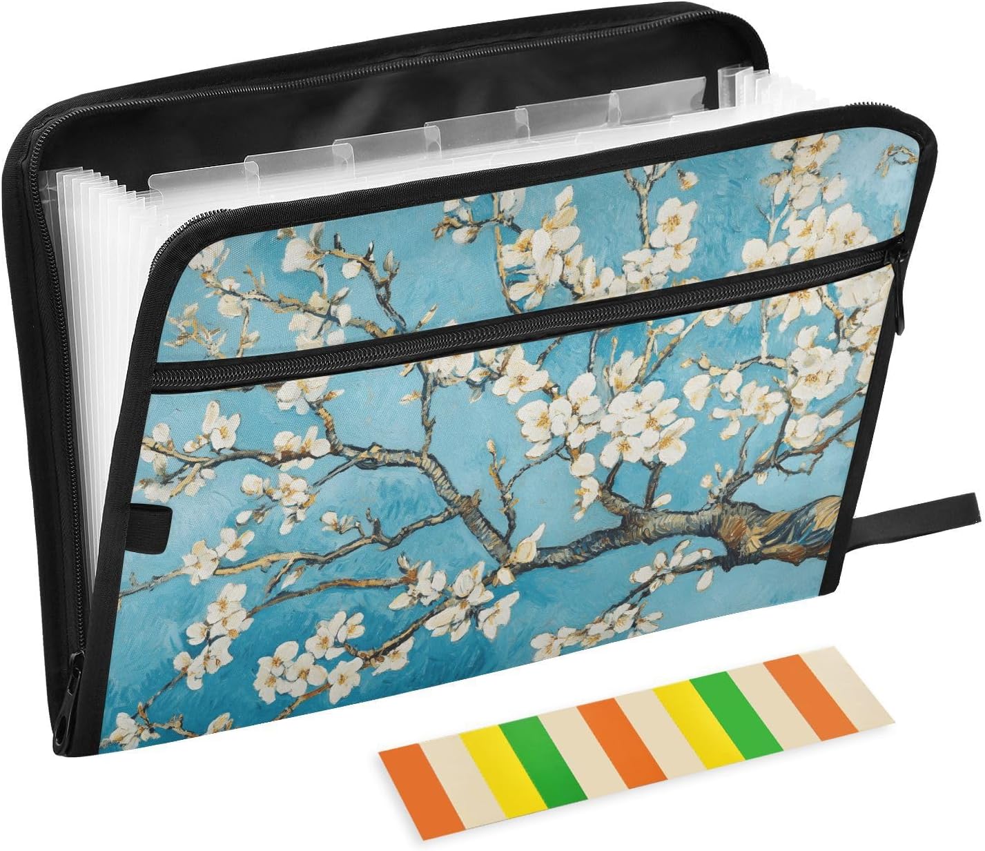 13 Pockets Expanding File Folder with Zipper Closure, Van Gogh Art Japanese Flower Accordion File Folder with Sticky Labels, Letter Size A4 Papers Expandable File Document Organizer