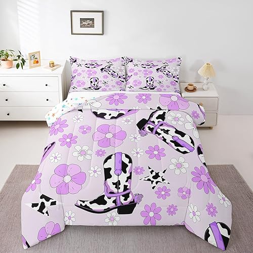 Erosebridal Purple Cowgirl Boot Hat Full Bedding Set,Western Milk Cow Print Comf