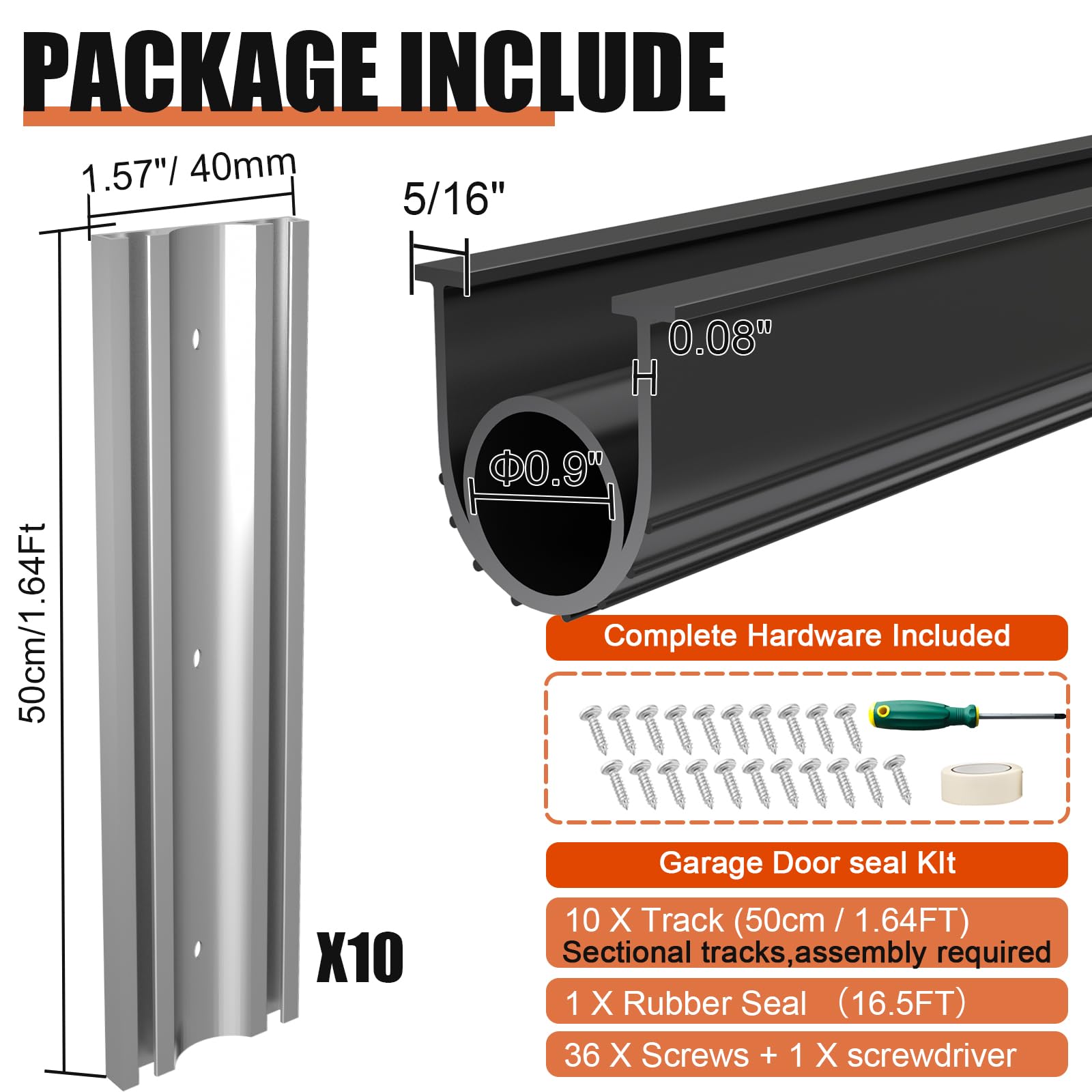 Joints de porte de garage en caoutchouc – Joint d'étanchéité EPDM de 5 m avec kit de retenue de rail en aluminium pré-percé, convient aux portes de 2,3 à 6,1 m, anti-rongeurs, réduction du bruit (4 cm
