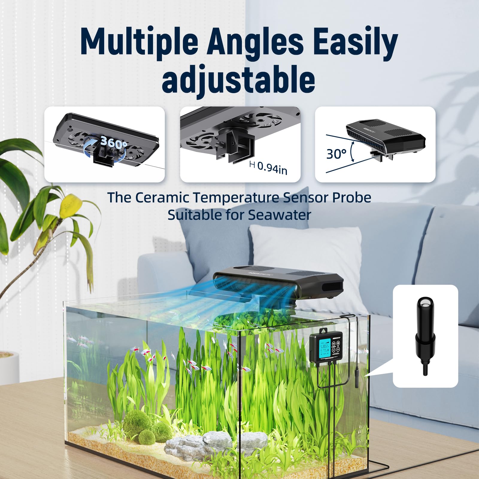 AQUASMITH Aquarium-Kühlventilator, Aquarium-Kühler mit Temperaturregelung, minimale Einstellung 15 °C, automatischer Start/Stopp, Kühlungseffekt -14,8-12,8 °C, 3 Geschwindigkeitsmodi, für Axolotl