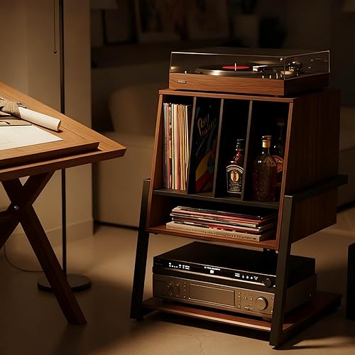 Miniatura 6 de FITUEYES Armario de bar de diseño con soporte giratorio, gabinete de barra de registro vintage, almacenamiento de vinilo y exhibición de vino, grano