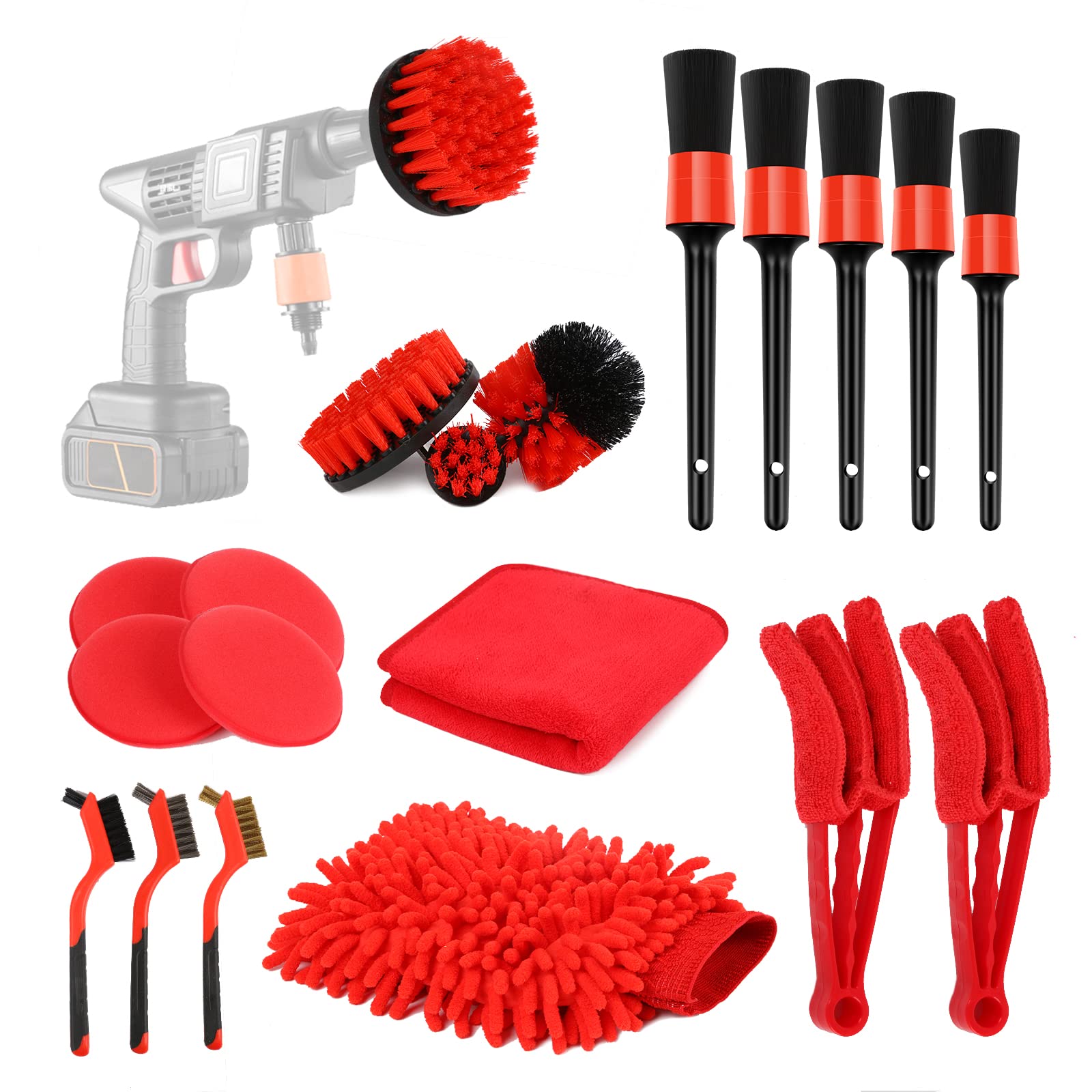 NARUNDREN Car Detailing Brush Set, 20 Pcs Car Detailing Kit,Car Detailing Drill Brush Kit, for Cleaning Wheels,Dashboard,Interior,Exterior,Leather,Air Vents,Emblems