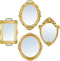 Beeveer 4-Piece Vintage Gold Mirror Set: Oval, Shield, Square & Tray for Bedroom, Wedding, Victorian Decor