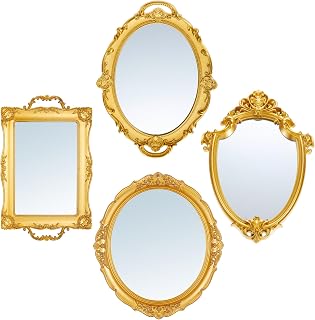 Beeveer 4-Piece Vintage Gold Mirror Set: Oval, Shield, Square & Tray for Bedroom, Wedding, Victorian Decor