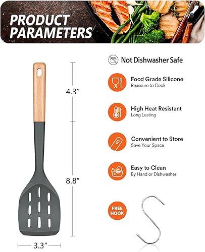 Miniatura 2 de Espátula de silicona antiadherente, borde flexible antiarañazos para sartenes, mango de madera cómodo antideslizante, resistente al calor, espátulas