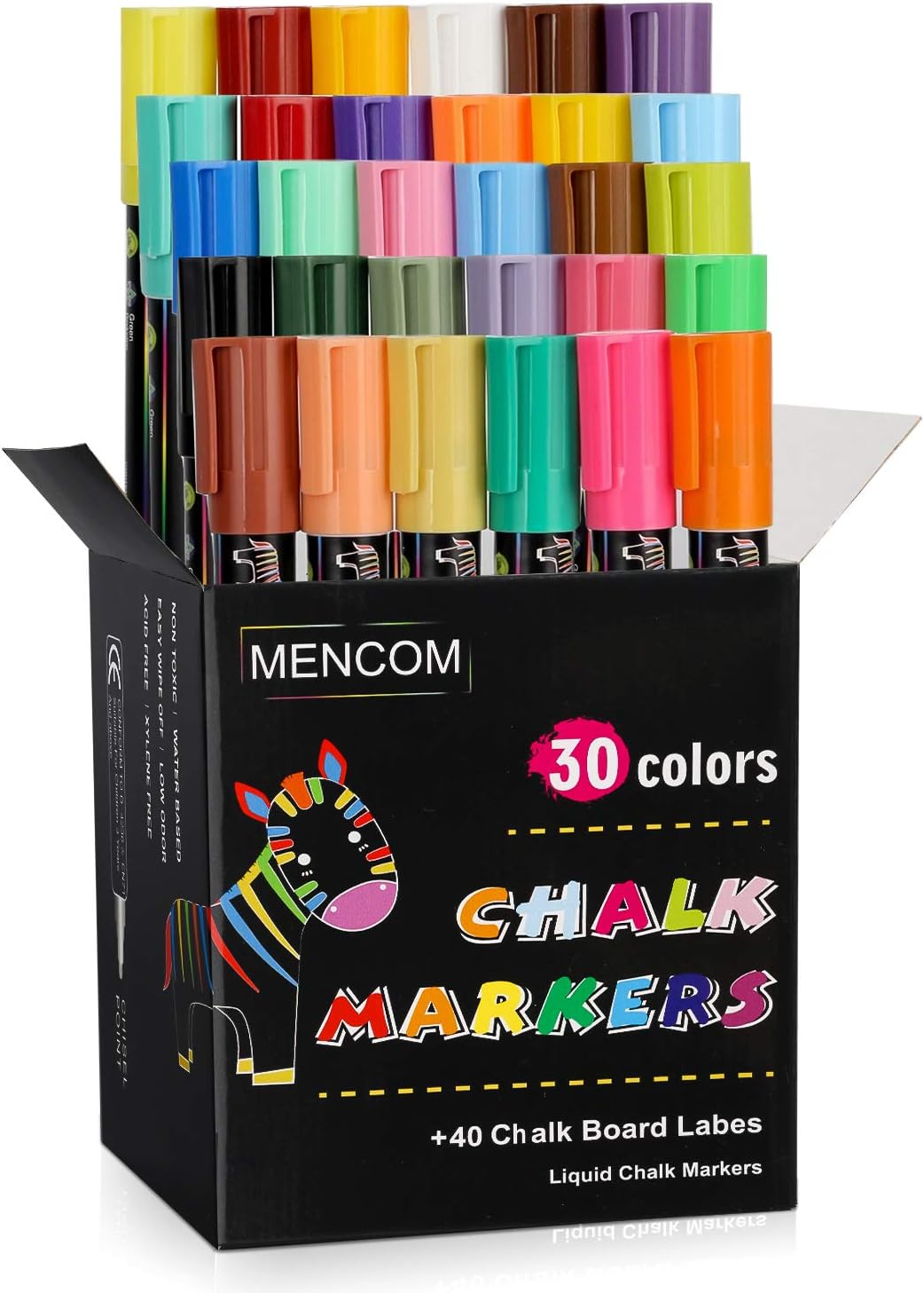 Mencom Liquid Chalk Markers,Vibrant Chalk Pens for Blackboard, Chalkboard, Mirrors Glass, Reversible Tips Chalk Markers for Kids and Adults (30)