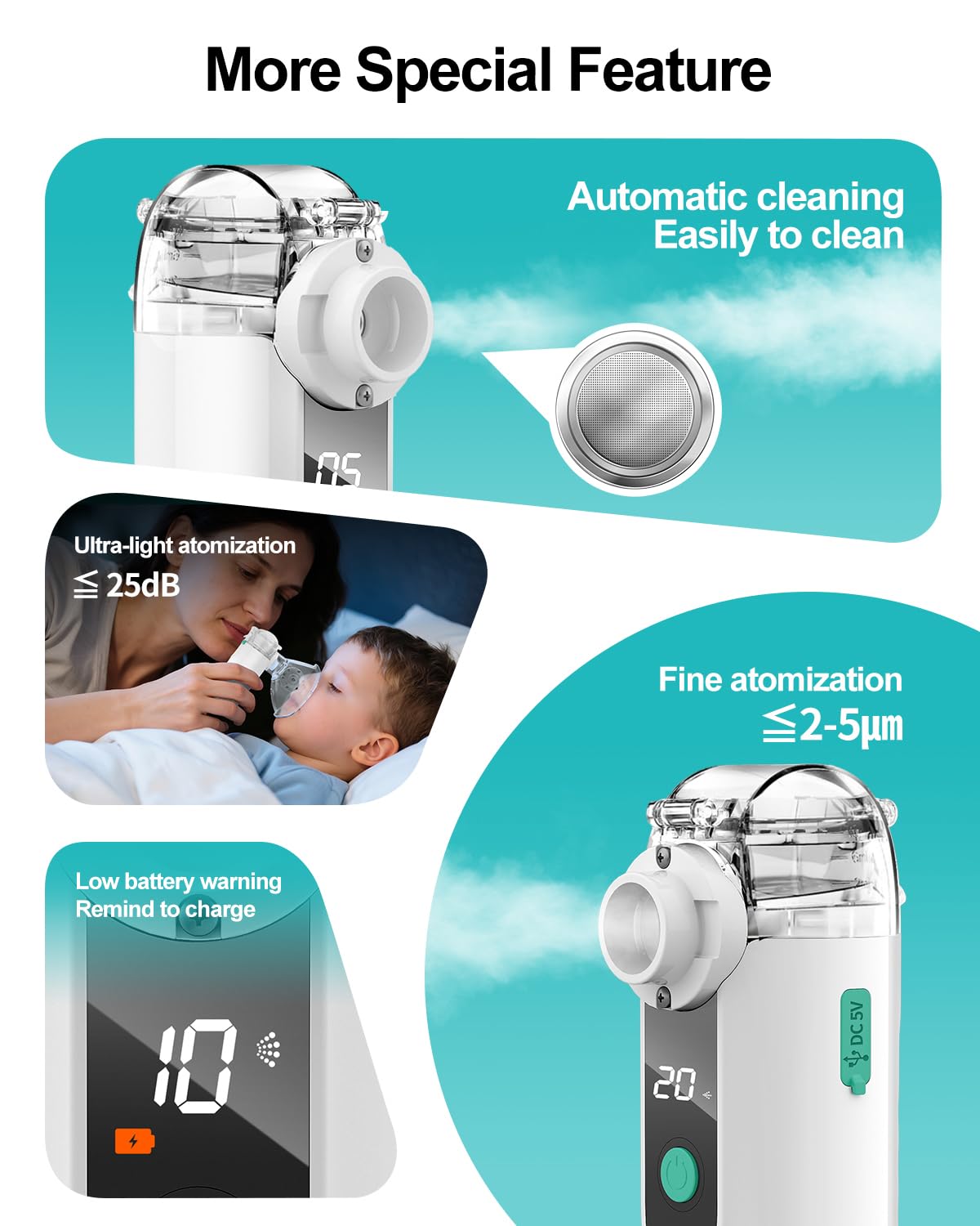HITHINKMED Inhalateur Nébuliseur pour Adultes et Enfants, Aérosol portable silencieux aérosol silencieux, machine à aérosol à ultrasons adultes, 3 modes réglables, USB-C rechargeable avec affichage