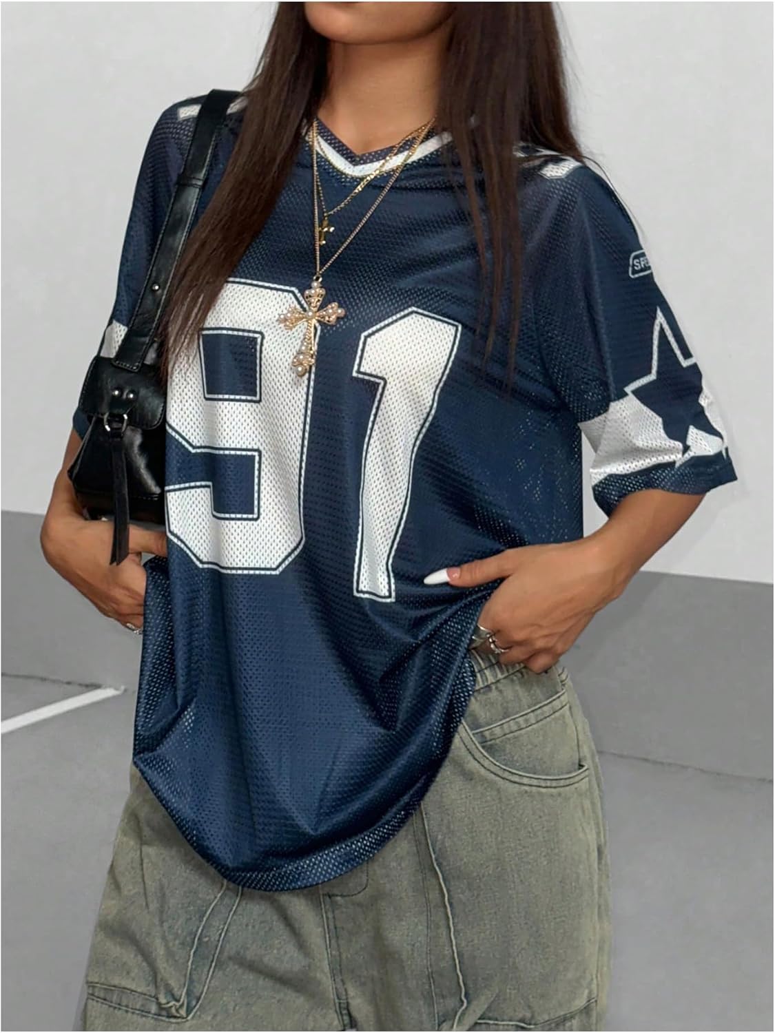 SHENHE Women's Graphic Football Jersey Top V Neck Short Sleeve Loose T Shirt Streetwear - Image 3