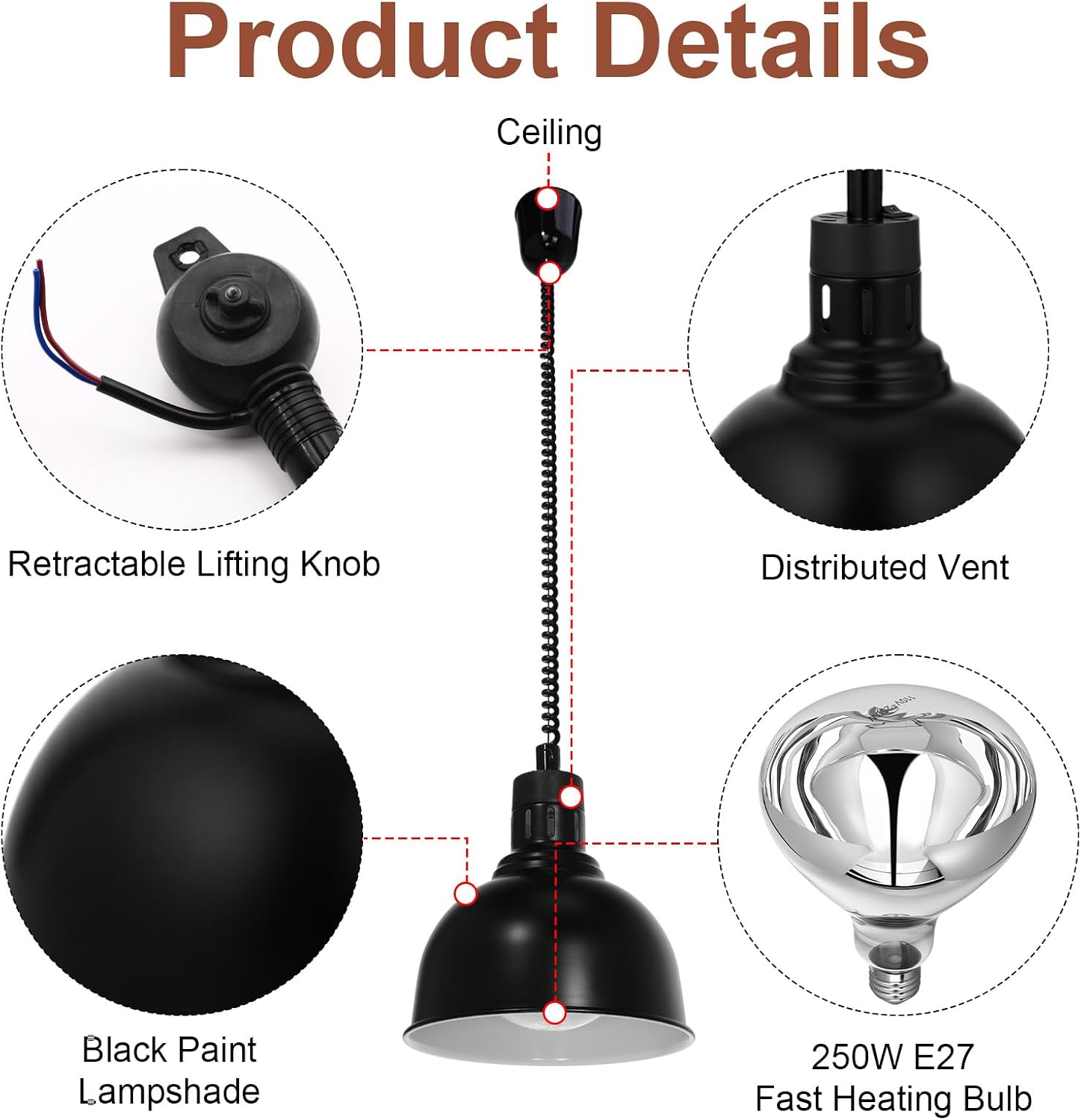 Nuanchu 2 Pack Hanging Food Heat Lamp Retractable with 250w Heating Bulb Commercial Infrared Food Service Warmer Fry Heating Light for Buffet Restaurant Kitchen Use (Black,Dia 25cm)