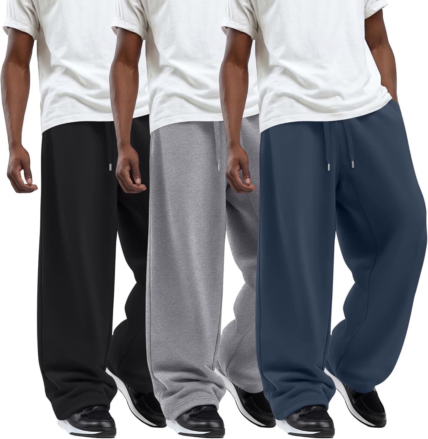 3 Pack Men's Big and Tall Sweatpants Wide Leg Open Bottom Baggy Joggers Casual Drawstring Pants with Pockets
