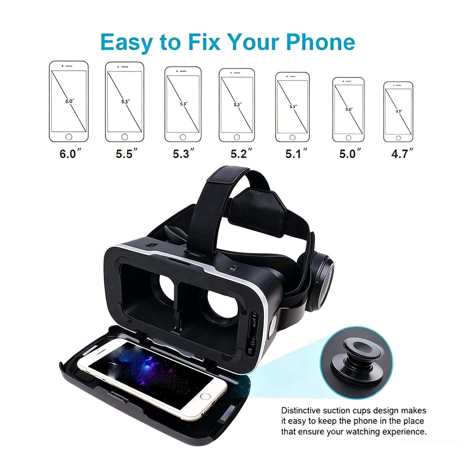Visore VR per Smartphone, Visore per Realtà Virtuale con Campo Visivo 110°, Cinturino Regolabile Compatibile con Smartphone E Dispositivi Android con Schermi 4,7-6”per Film E Giochi 3D,Black