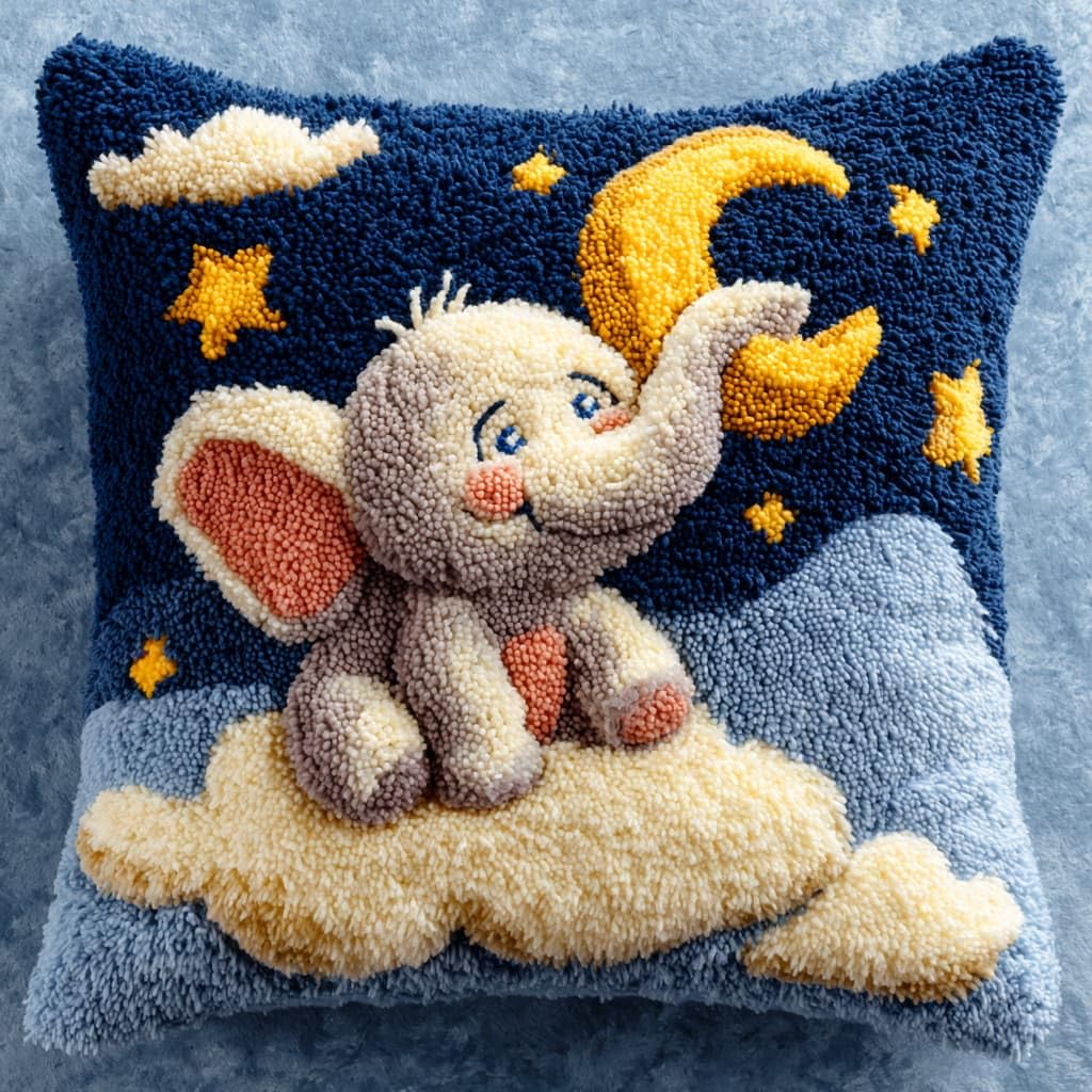 Taxpy Latch Hook Cushion Kits, Elephant and Moon DIY Latch Hook Kits Pillow Printed Cushion Embroidery Needlework Craft Embroidery Kit,17x17inch