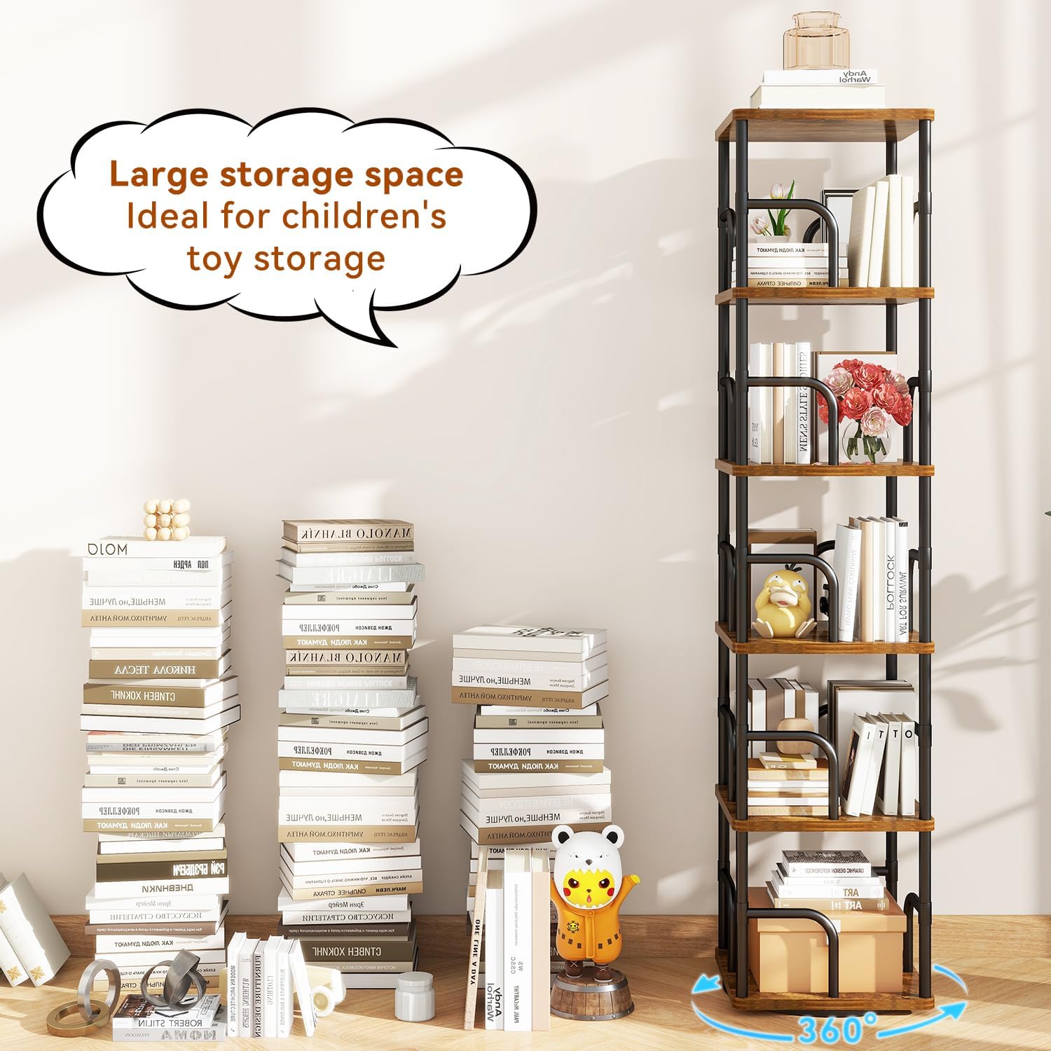 IBUYKE 6 Tier Square Rotating Bookshelf, 360° Spinning Bookcases Tower,Freestanding Corner Bookshelf with Rails,Industrial Swivel Bookcase Organizer for Bedroom, Living Room,Study,Brown,UTBC005H