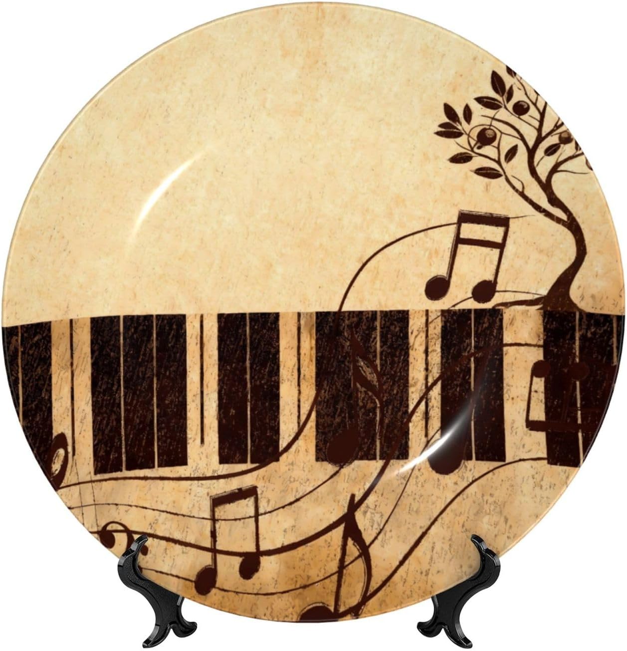 Vintage Music Note Retro Tree Style Ceramic Plate Display Decorative Plate With Stand Wall Hanging Plate For Home Decor 10 Inch