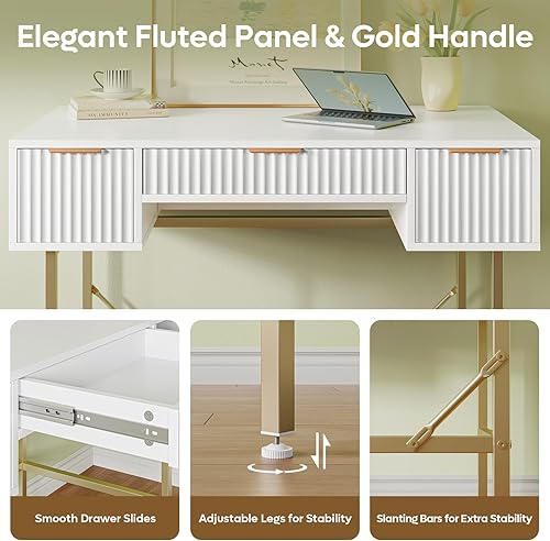 Miniatura 5 de Bestier Escritorio de computadora acanalado de 47.6 pulgadas con cajones para oficina en casa, escritorio de tocador blanco y dorado, escritorio de