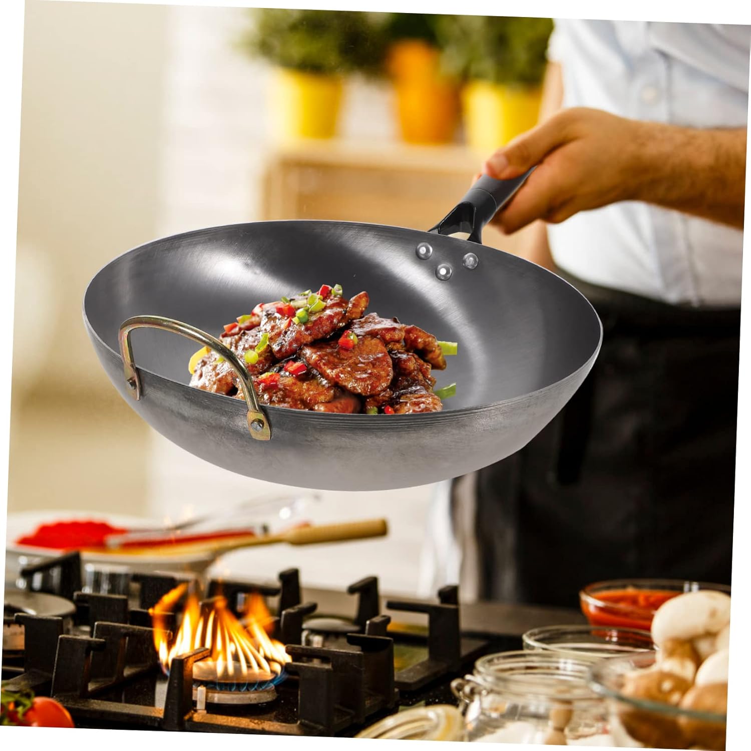 Cabilock Cooking Wok Frying Pan Flat Bottom Iron Wok Handle Non-stick for Easy Cleaning Suitable for Induction Electric and Gas Stoves