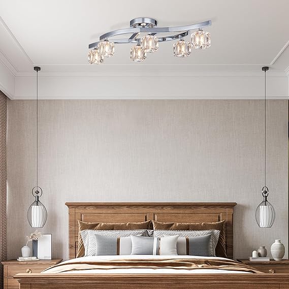 BESTIER Bestier Modern Elegant Glas Kristallen Plafondlamp Kroonluchter 6 Licht Chroom Semi-inbouwmontage Verlichtingsarmatuur Lengte 77 cm x Breedte 25 cm x Hoogte 19 cm photo 2