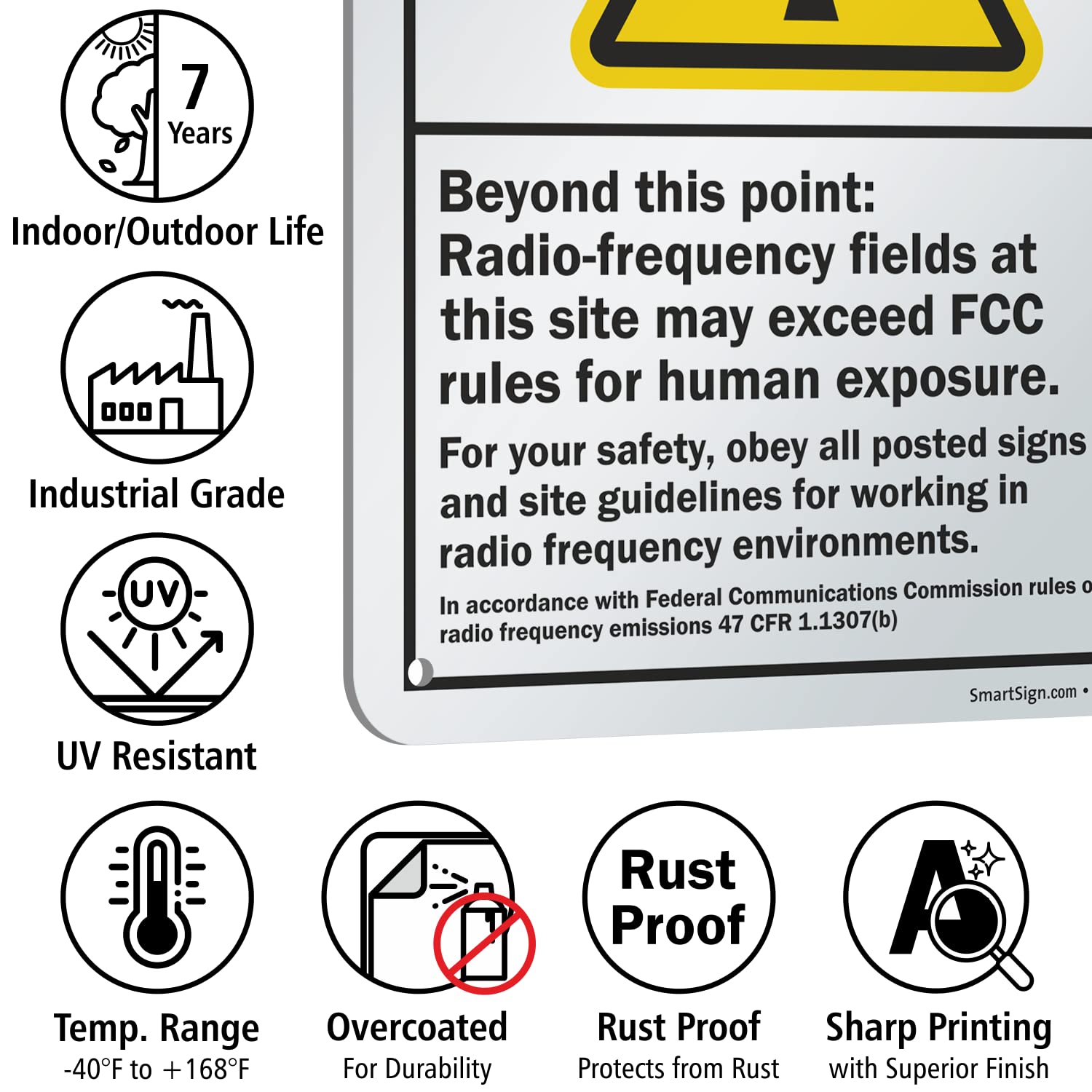 SmartSign 10 x 7 inch “Caution - Beyond This Point: Radio-Frequency Fields May Exceed FCC Rules for Human Exposure” ANSI Metal Sign, 40 mil Laminated Rustproof Aluminum, Yellow, Black and White — Amazon image 6