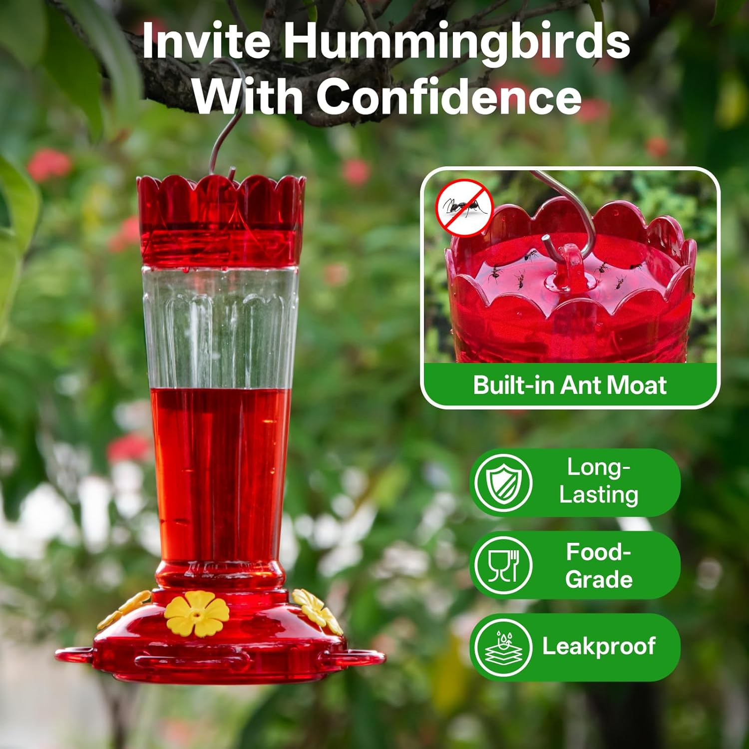 Plastic Hummingbird Feeder, 2-Pack 14 OZ Ant & Bee Proof Hummingbird Feeders for Outdoors Hanging, Leak-Proof Nectar Feeders with 4 Feeding Ports and Perches, Gifts for Mom, Birdlovers - Image 2