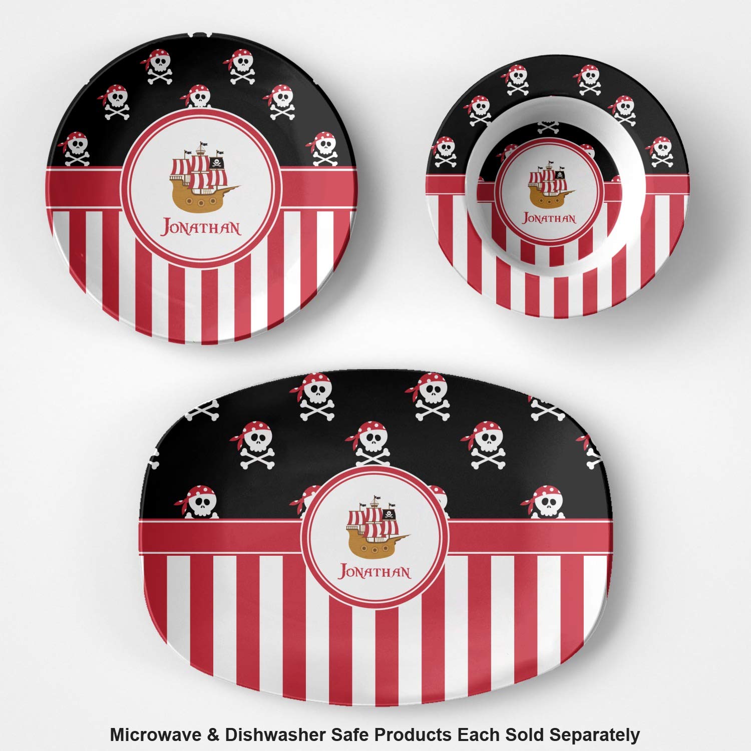 Personalized Pirate & Stripes Plastic Bowl - Microwave Safe - Composite Polymer