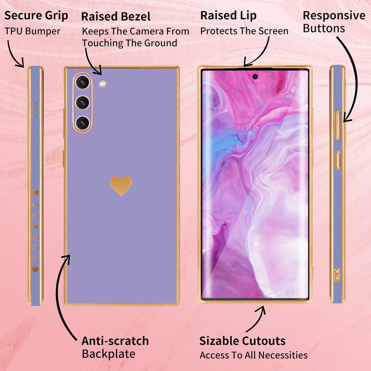 Shorogyt (3in1 Heart Case for Samsung Galaxy Note 10 5G/4G 6.3 Inch Women Cute Aesthetic Love Hearts Pattern Girls Dark Blue Gold Luxury Girly Design Phone Cases Cover+Chain for Note10 5G - Image 5