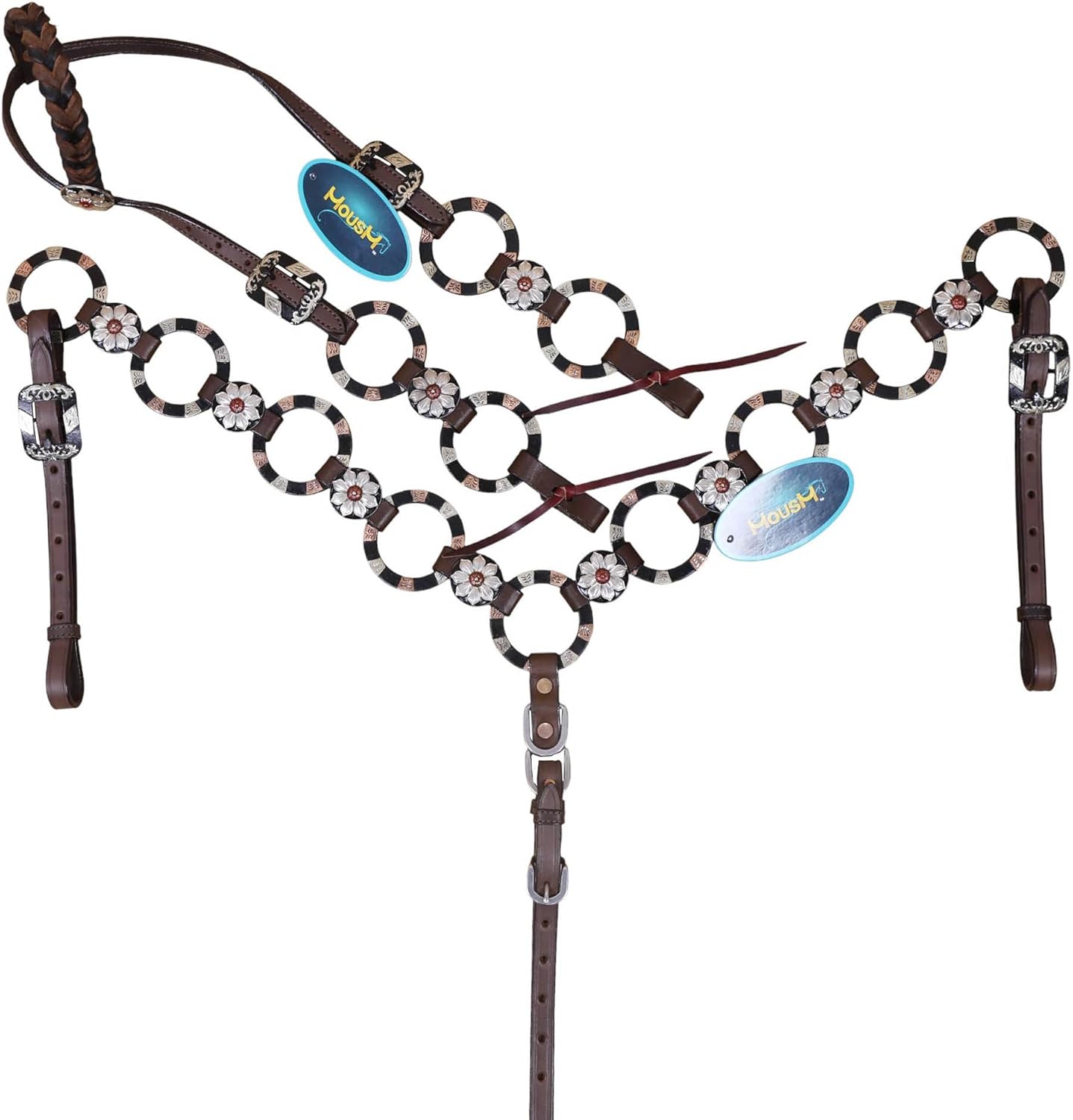 Western Ring Headstall and Breast Collar Handmade Tack Set for Horses, Two-Tone Brown with Engraved Antique Nickel Rings, Raw Leather Laces & Braided Browband, Argentina Leather