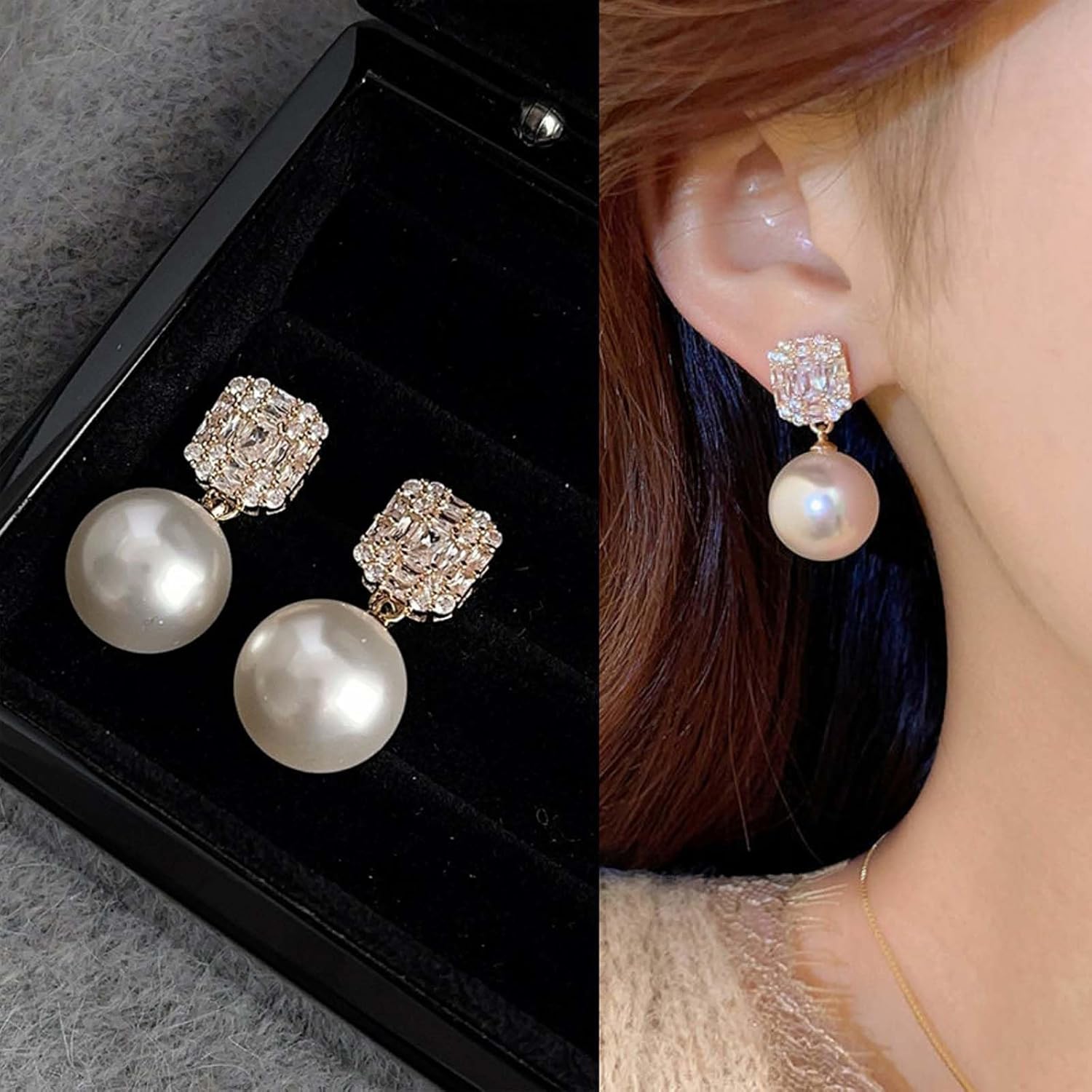 W WEILIRIAN Boho Pearl Drop Earrings Crystal Square Earrings Pearl Dangle Earrings Vintage Pearl Bead Earrings Sparkly Rhinestone Earrings Jewelry for Women - Image 7