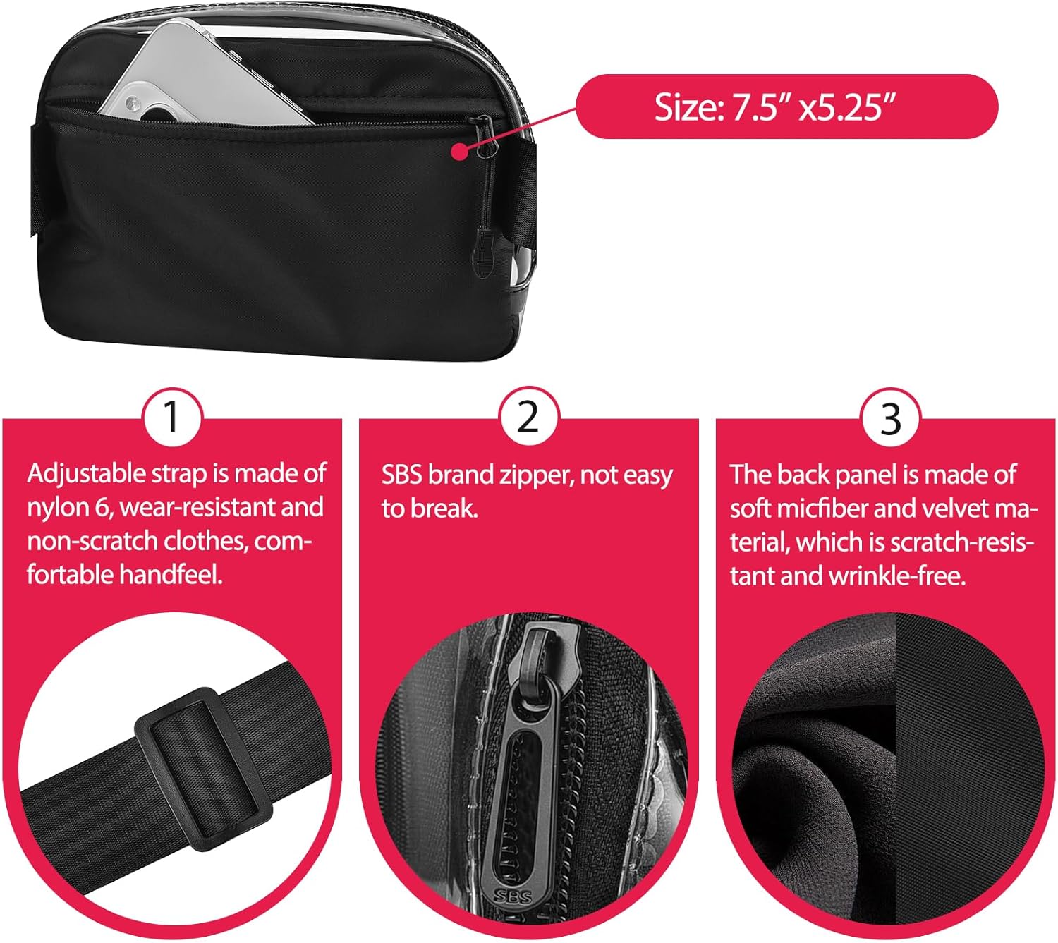 Clear Fanny Pack for Stadium Events Clear Belt Bag for Women Men for Concerts Sports Beach Hiking Cycling(Black) - Image 4