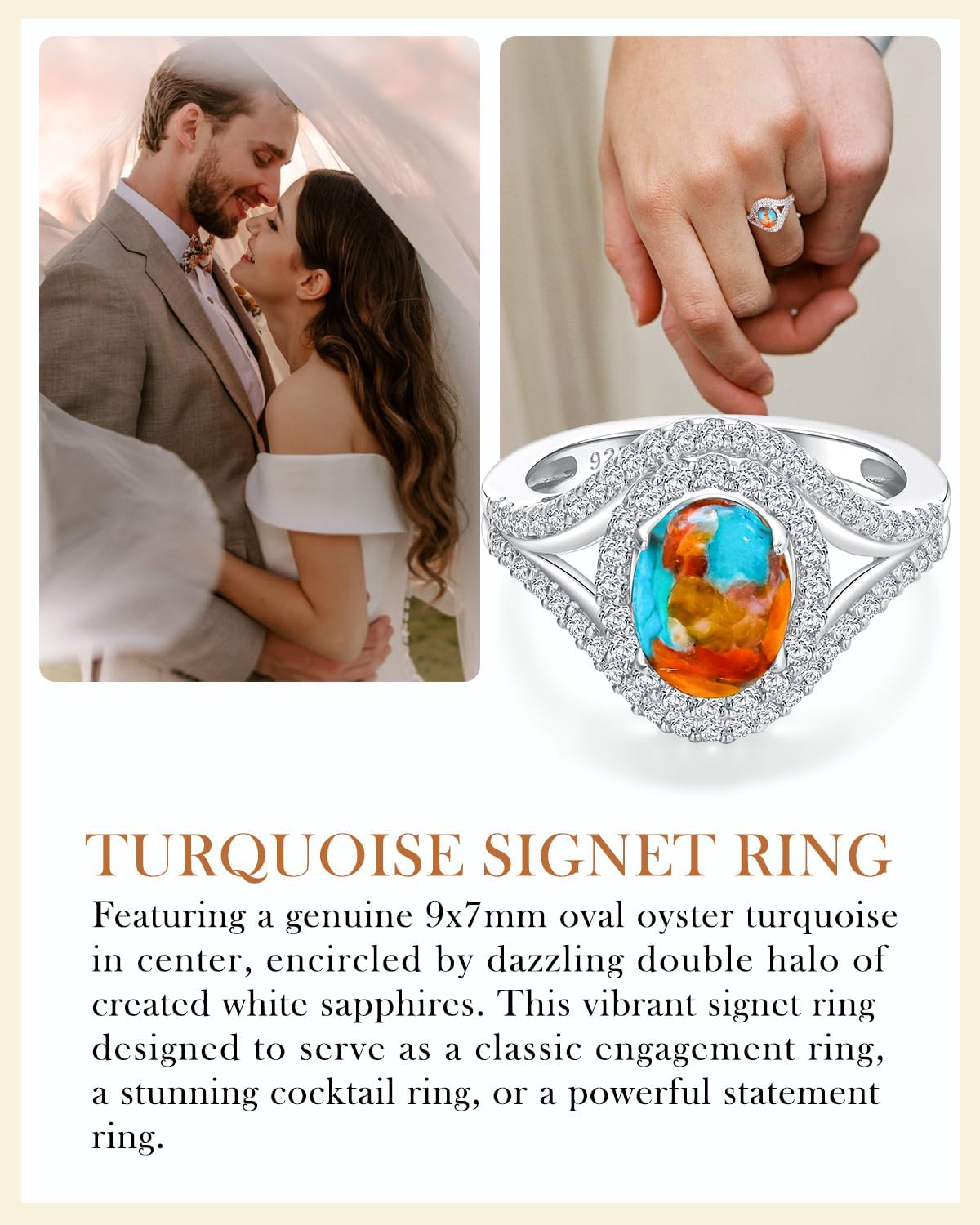 AIBAO Oval Turquoise/Lapis Lazuli/Malchite Rings for Women Men Sterling Silver Double Halo Engagement Ring Size 6 to 10 Anniversary Chirstmas Mother's Day Valentines Jewelry Gifts