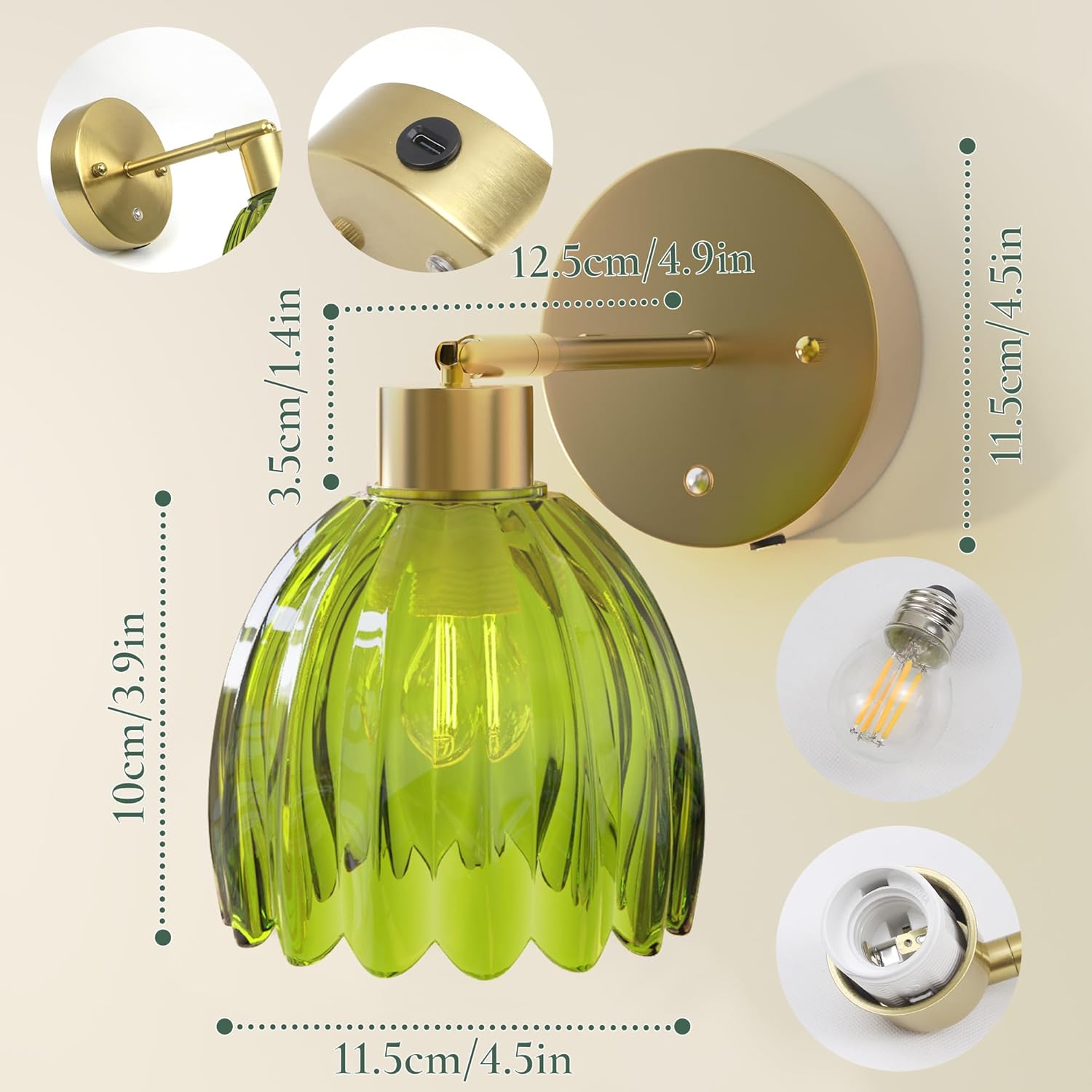 Vintage Battery Operated Wall Sconces Set of 2, 5200mAh Wireless Rechargeable Wall Lamps with Green Glass Tulip Lampshade, Cordless Wall Mounted Lights for Bedroom Vanity Living Room