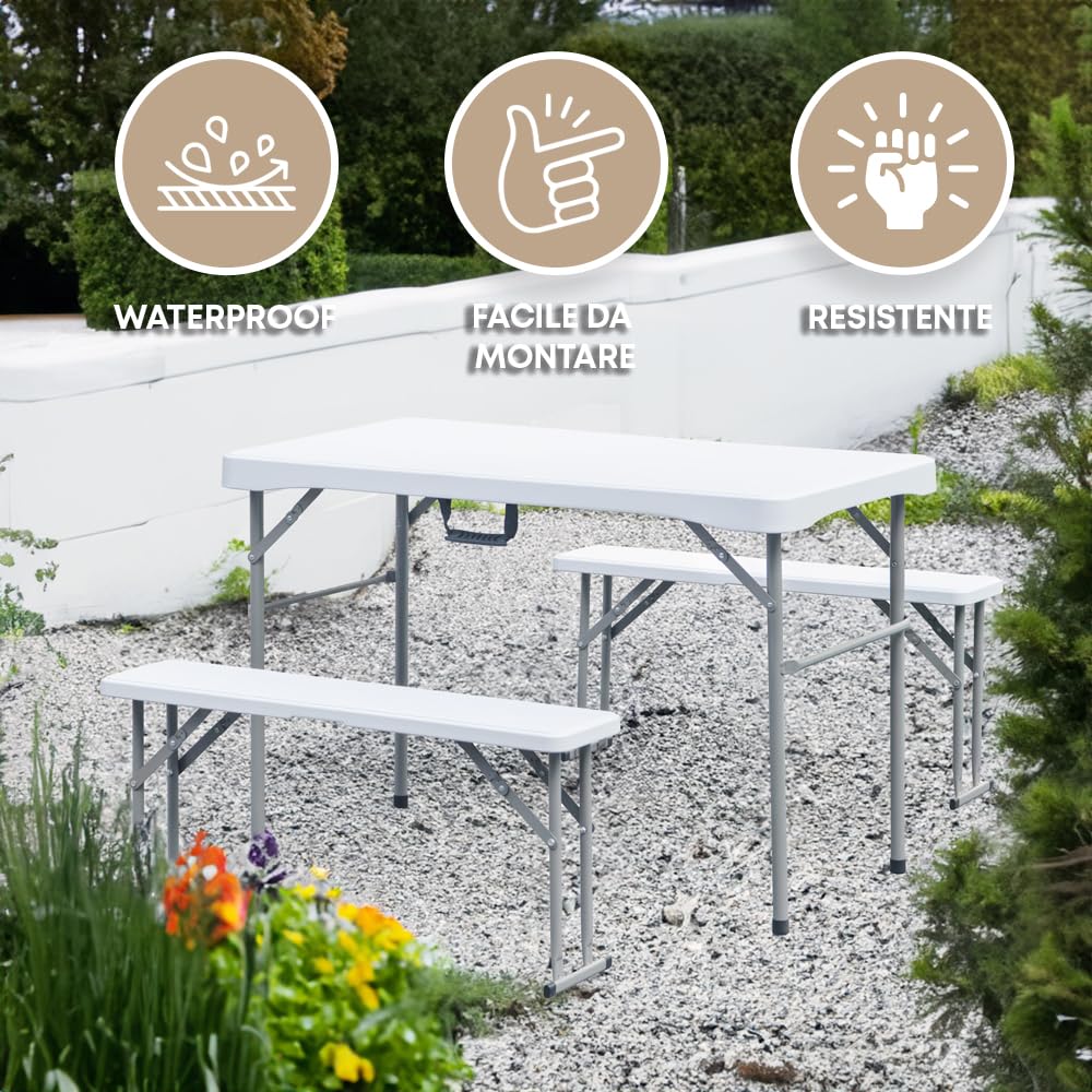 IlGruppone Set Tavolo e 2 Panche 3 Pezzi Pieghevoli Per Feste Sagre Giardino Campeggio Struttura Acciaio Impermeabile Uv Resistente Set Birreria Interno Esterno - Bianco
