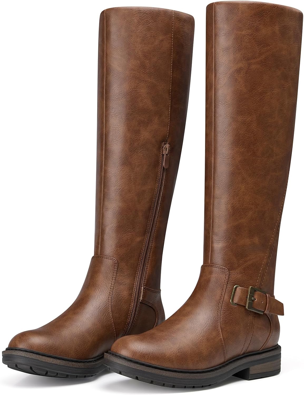 SHIBEVER Women's Knee High Riding Boots: Chunky Block Low Heel Wide Calf, Brown, 6 | Comfortable for All-Day Wear, Side Zipper with Buckle, Versatile Long Dress Boots for Spring & Fall