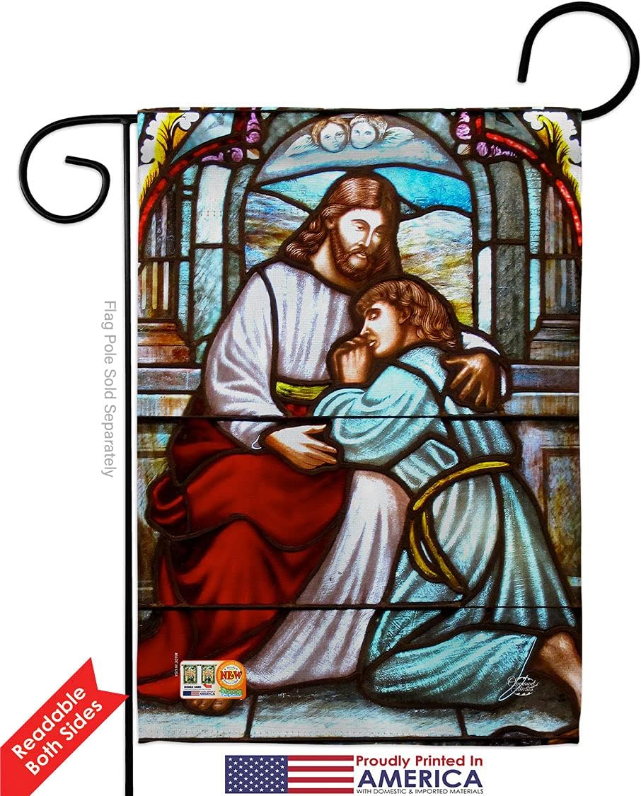 Virgin Mary Blue Garden Flag Set Wall Hanger Religious Faith Hope Grace Peace Dove Christian Religion Easter Small Decorative Gift Yard House Banner Double-Sided Made In USA 13 X 18.5