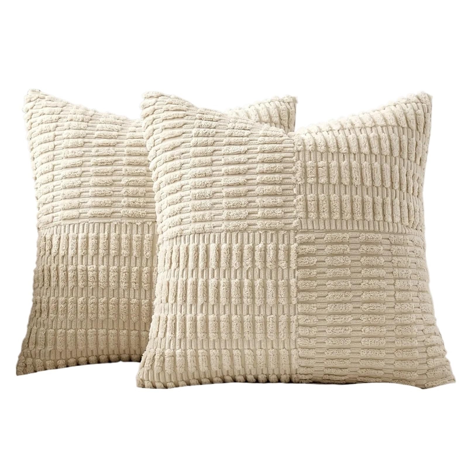 HEUchuan Corduroy Cushion Covers 2Pcs Throw Pillow Covers 18x18 Inch Soft Corduroy Cover Boho Textured Striped Patchwork Cushion Case for Couch Sofa Bed for Sofa Couch Bedroom(Beige)