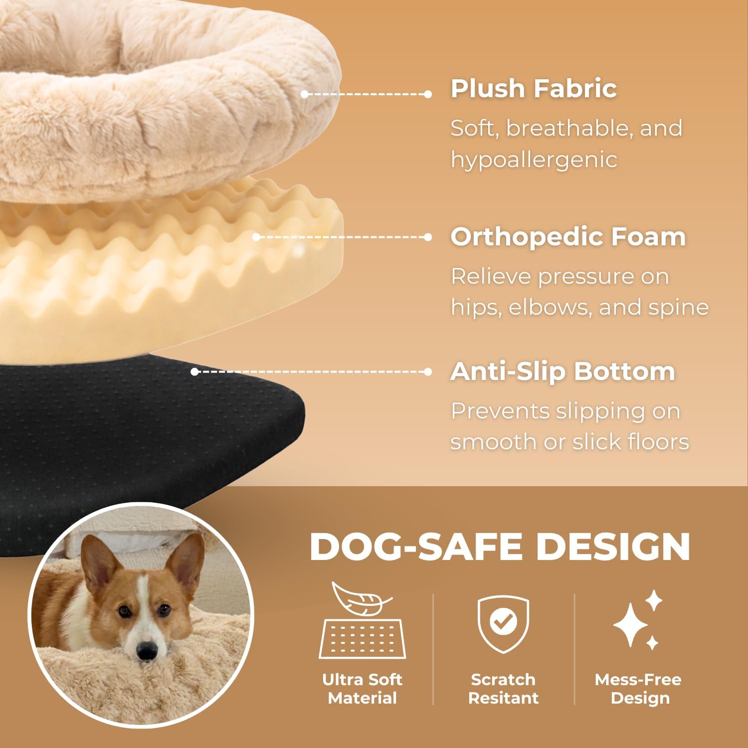 Pelsbarn Luxurious Orthopedic Dog Bed - Medium (39.3" x 23.6") Therapeutic Joint Support Pet Bed - Velvety Soft Removable Washable Cover - Beige