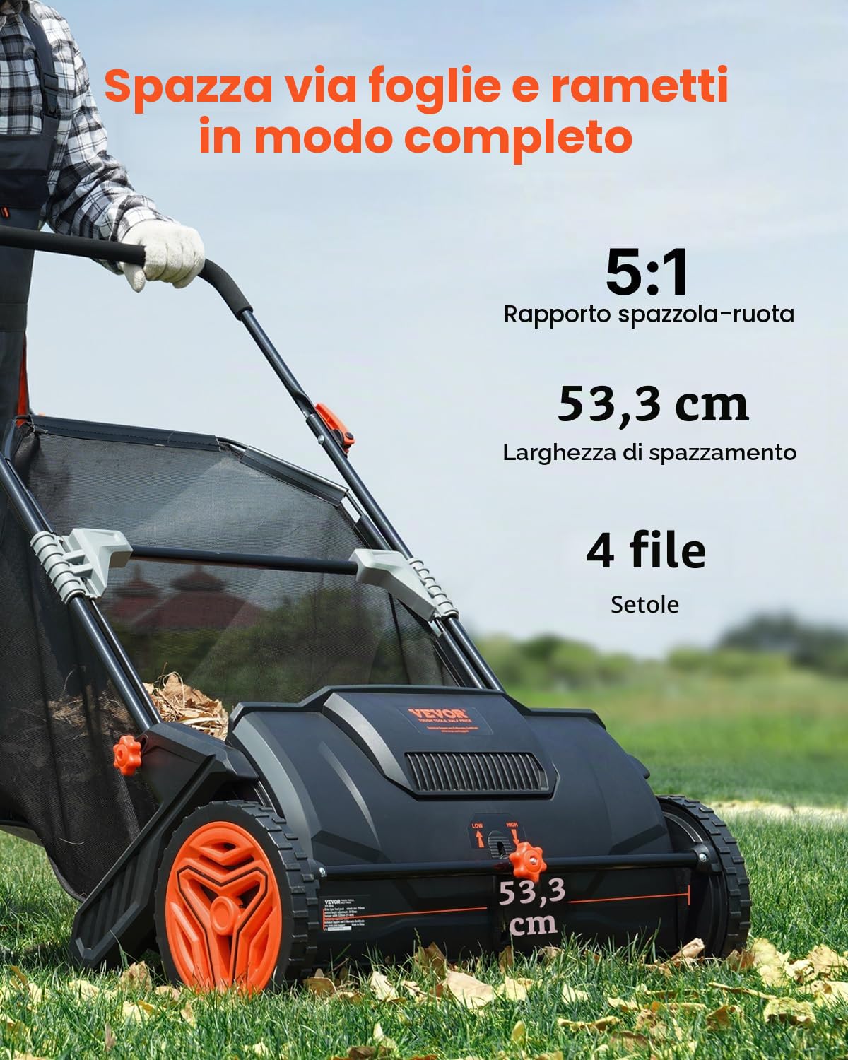 VEVOR Rasaerba Manuale per Prato con Cesto Capienza 99L Arieggiatore per Prato Manuale Sacco di Raccolta Larghezza Taglio 53,5cm, Rasaerba Spazzola Rotante Altezza Regolabile per Prato da Giardino