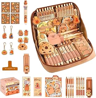 カピバラ文房具セット、かわいいカピバラのペンケース（文房具付き）、ペン、キーホルダー、ステッカー、定規付き漫画動物ペンケース、男の子と女の子向けのクリエイティブな学校用品