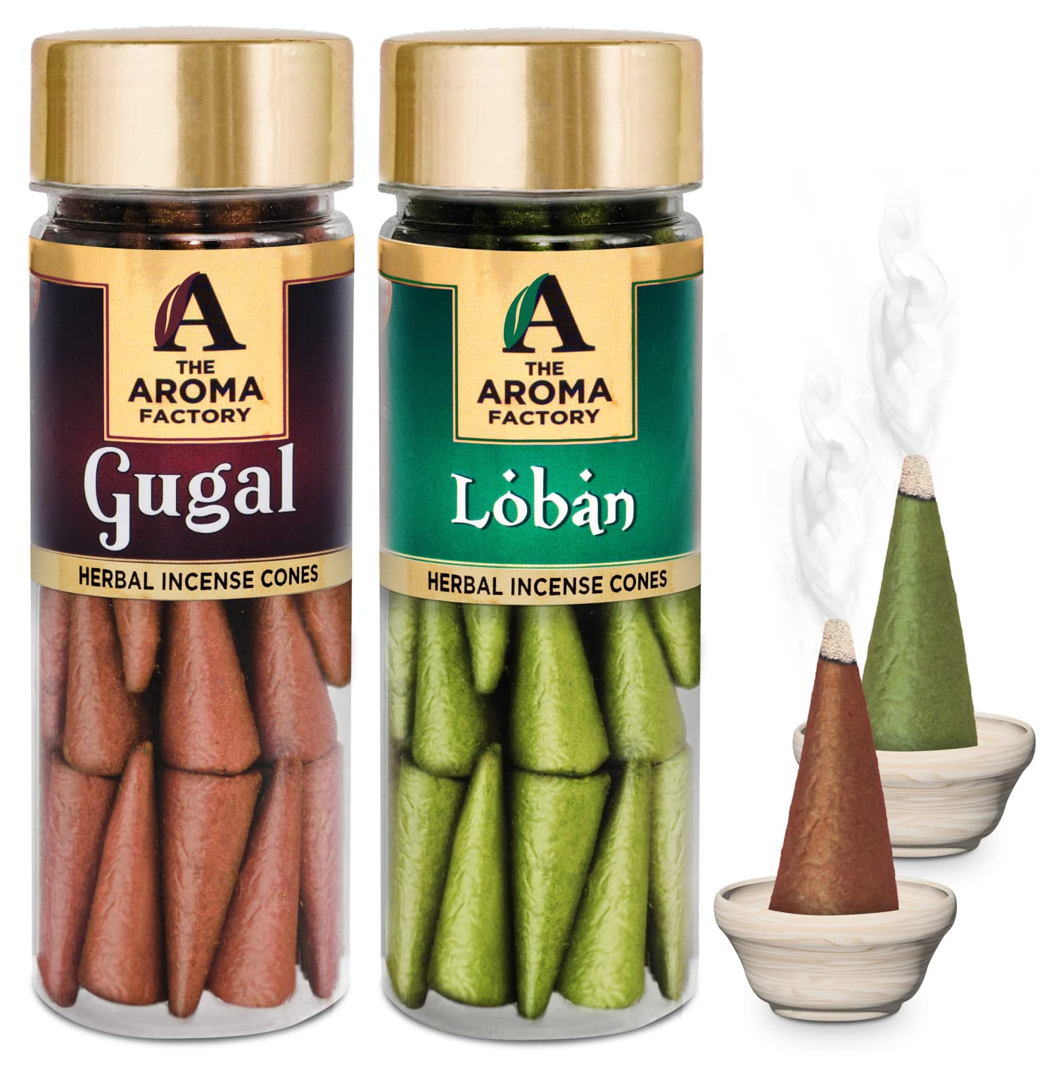 The Aroma Factory Incense Dhoop Cone for Pooja (100% Herbal & 0% Charcoal) 2 x 30 Cones, Gugal & Loban, 2 Bottles