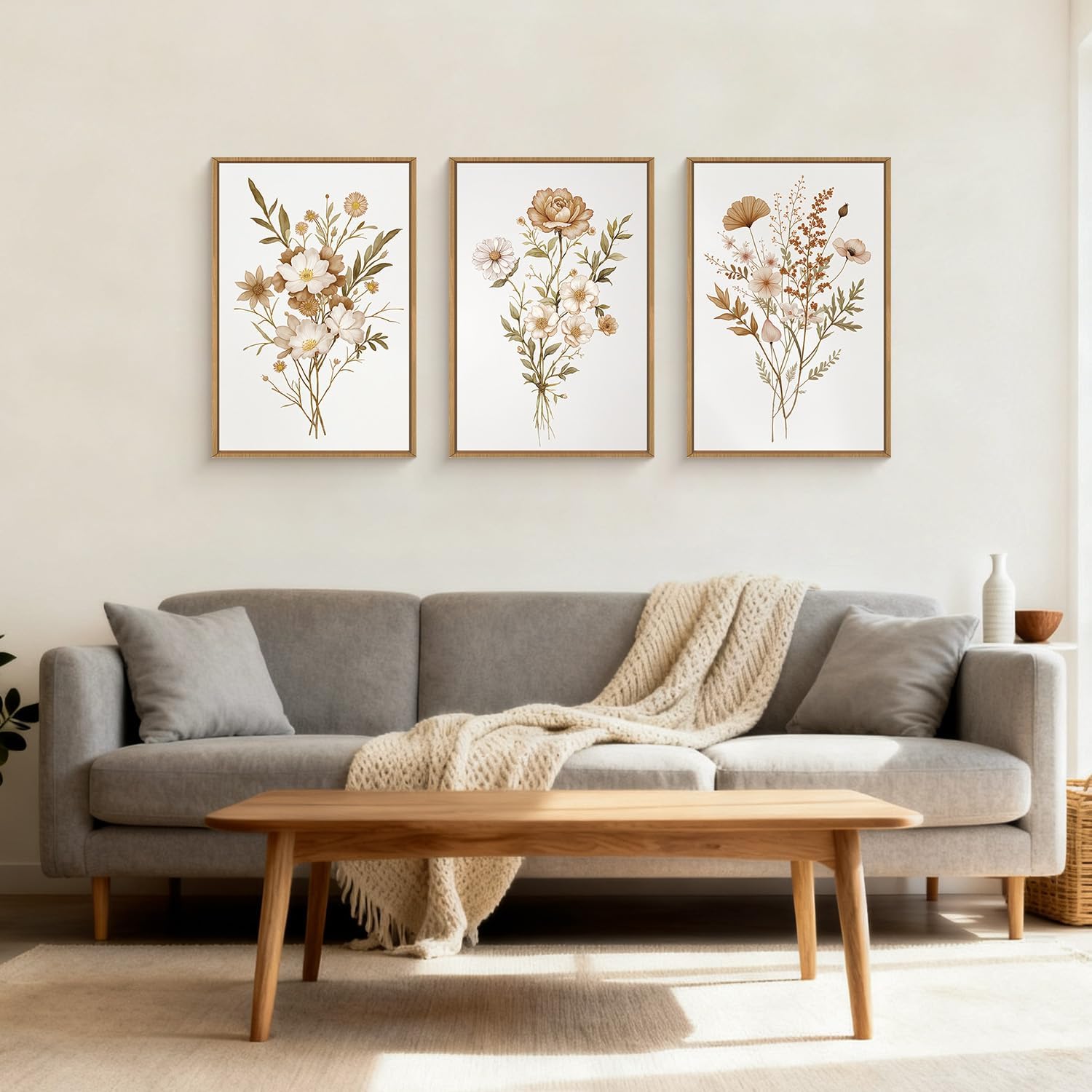 KAIRNE Neutral Boho Floral Wall Art Set of 3, Framed Vintage Botanical Flower Prints, Minimalist Wildflower Canvas Artwork, Modern Farmhouse Decor for Living Room Bedroom Office, 16×24inch