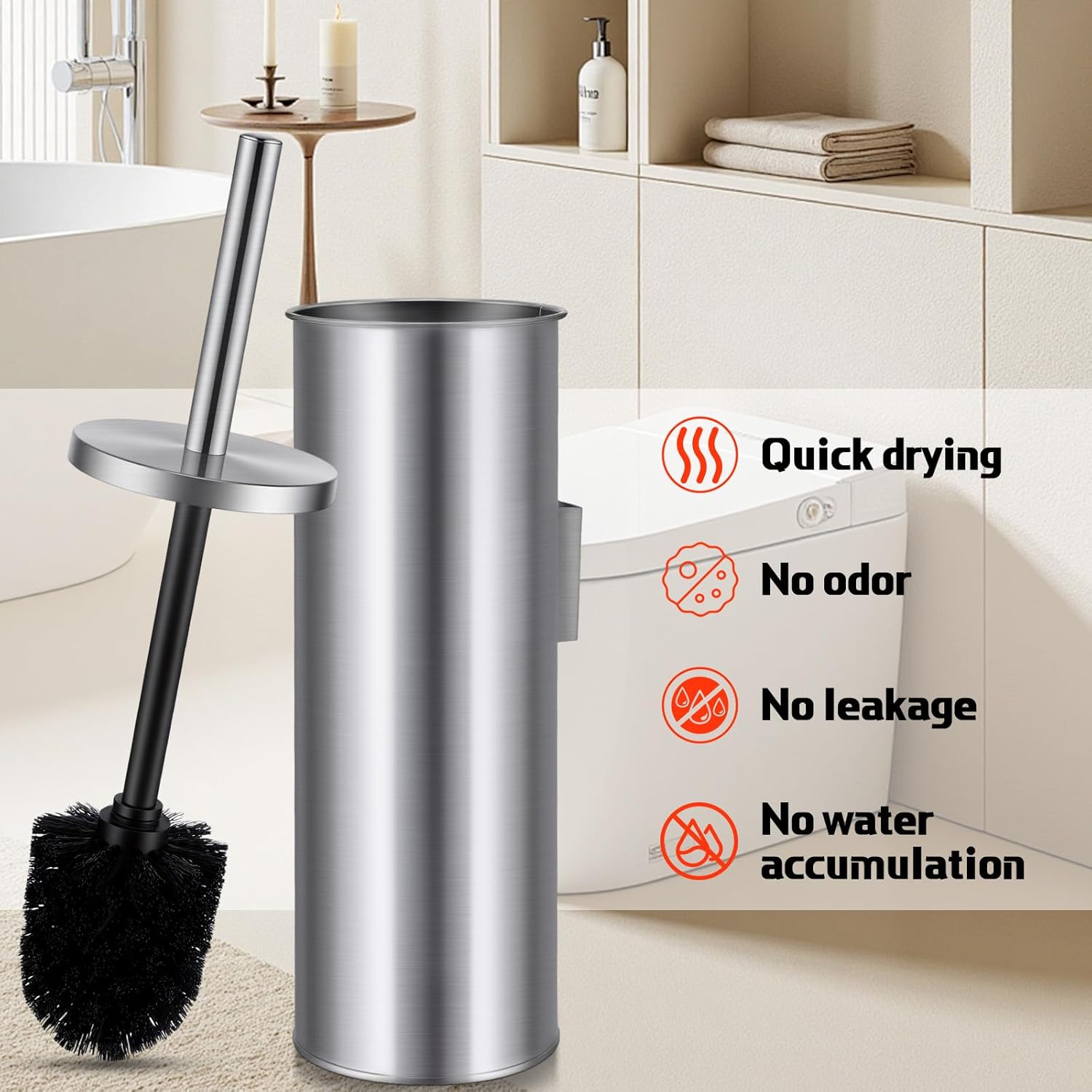 6 Pack Toilet Brush and Holder Set 15 Inch Stainless Steel Toilet Brush, Straight Tube Hanging Type with Wall Mount Base, Bathroom Floor Drip Drainage, Ergonomic, Elegant and Durable