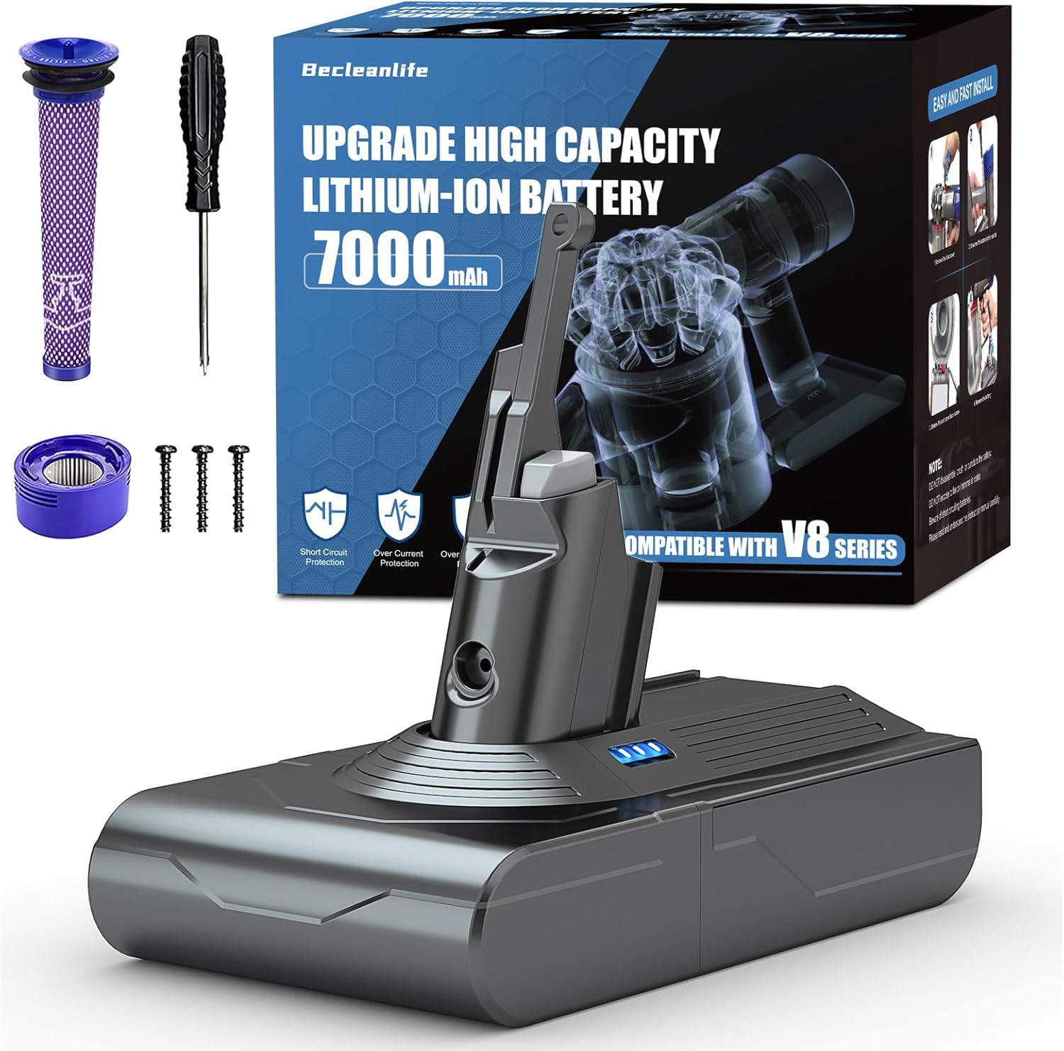 7000mAh V8 Battery Replacement Compatible with Dyson V8 Animal/V8 Absolute/V8 Fluffy/V8 Motorhead/SV10 Carbon Fiber Vacuum Cleaner Battery with 2 Filters and 3 Screws Included